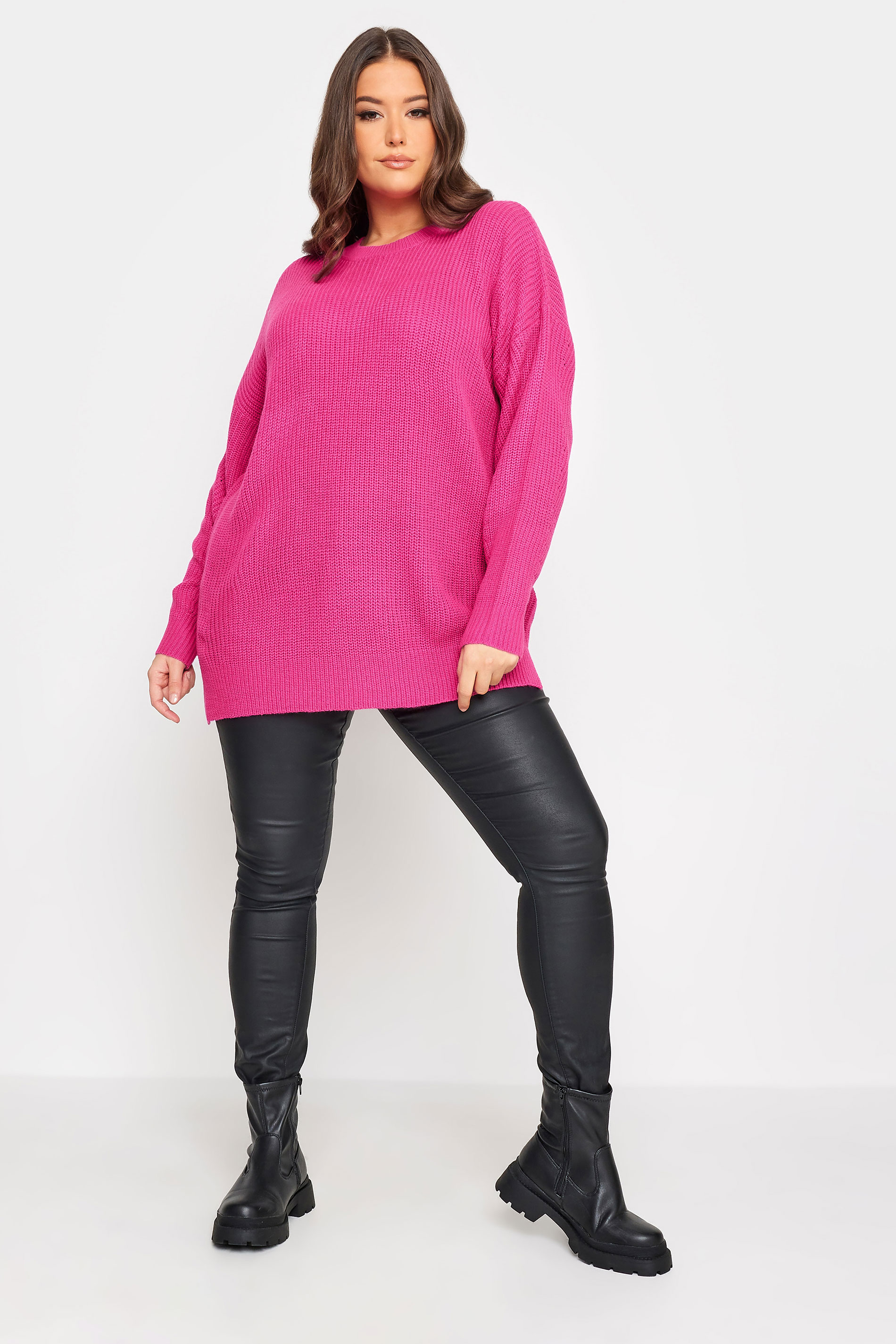YOURS Plus Size Bright Pink Drop Shoulder Knitted Jumper | Yours Clothing 2