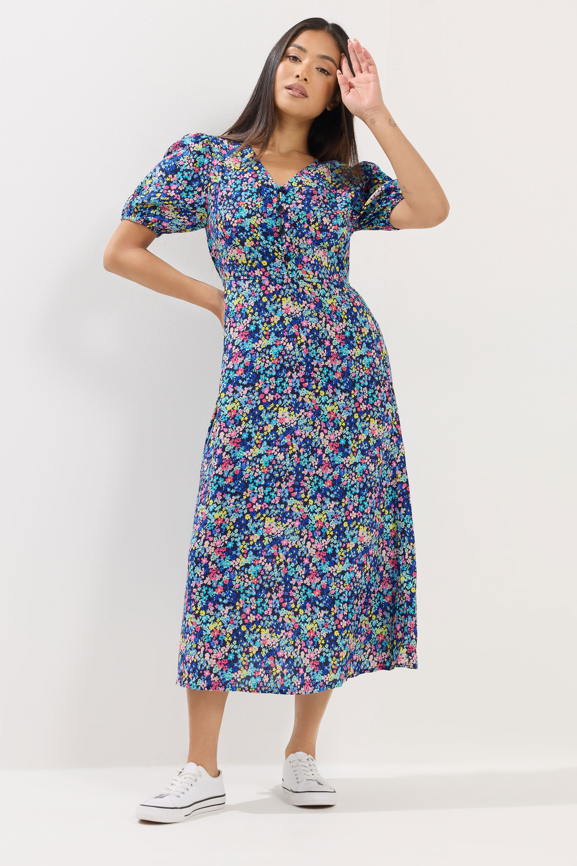 M&Co Petite Blue Ditsy Floral Puff Sleeve Dress | M&Co 3
