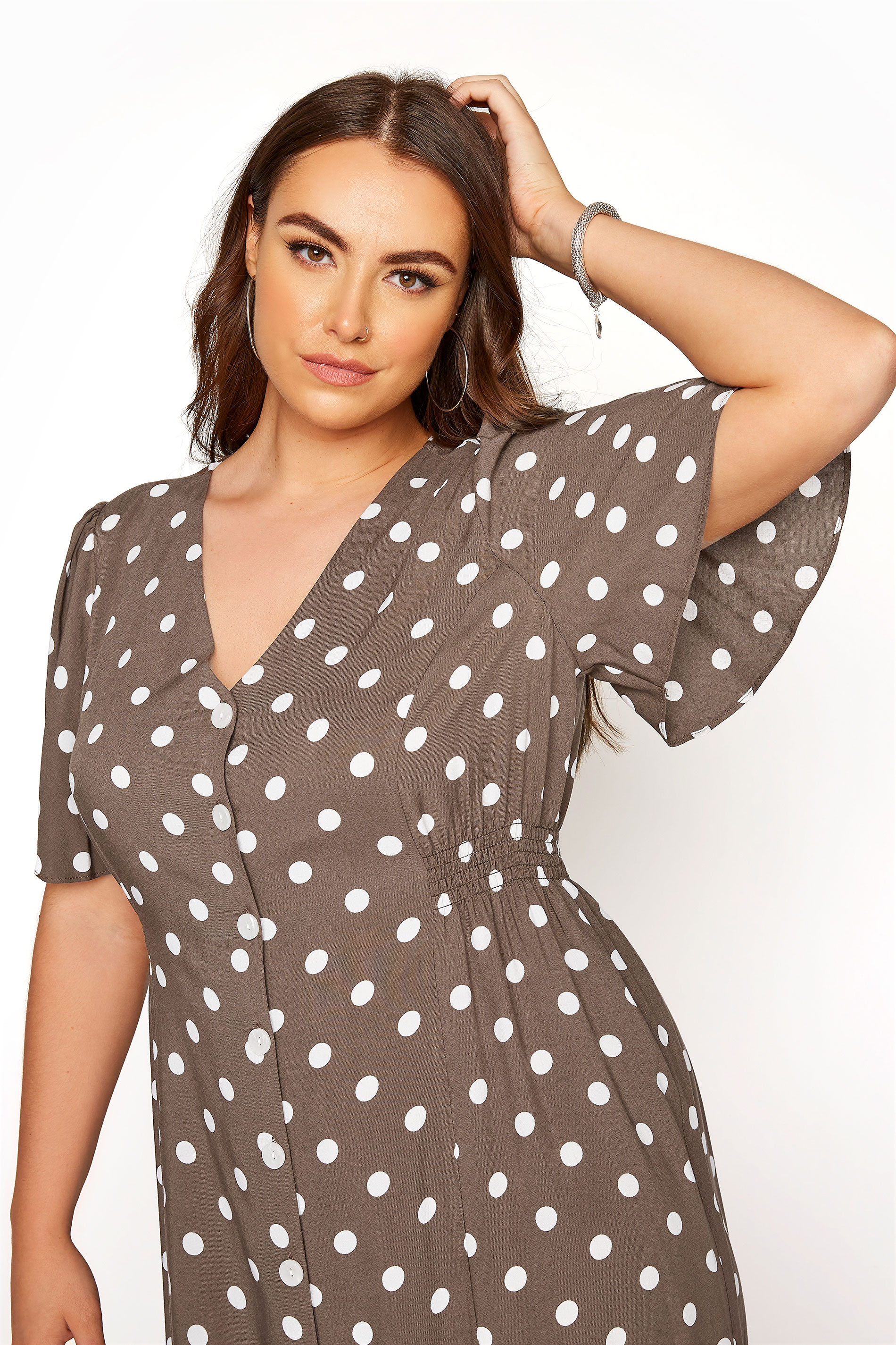 Plus Size Yours London Brown Polka Dot Button Through Midaxi Dress Yours Clothing 9379