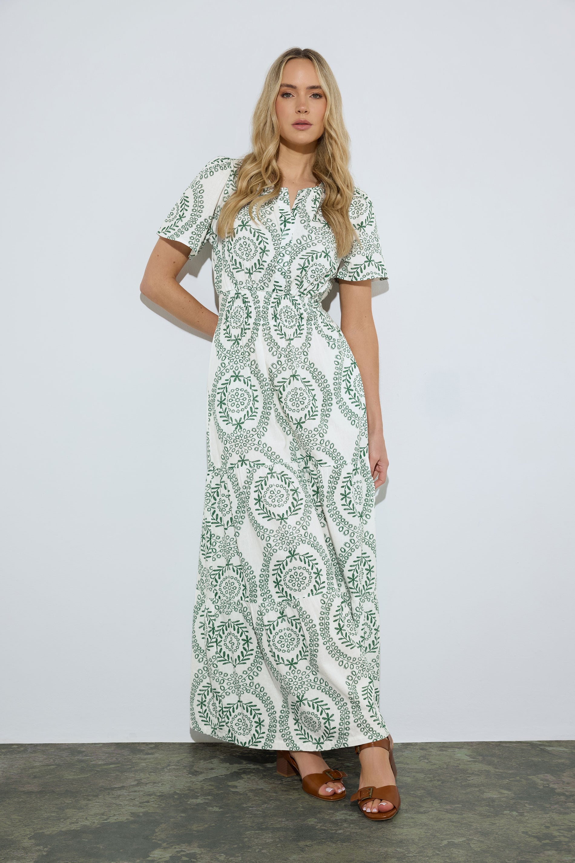 LTS Tall Women's Green & White Leaf Print Linen Maxi Dress | Long Tall Sally 3