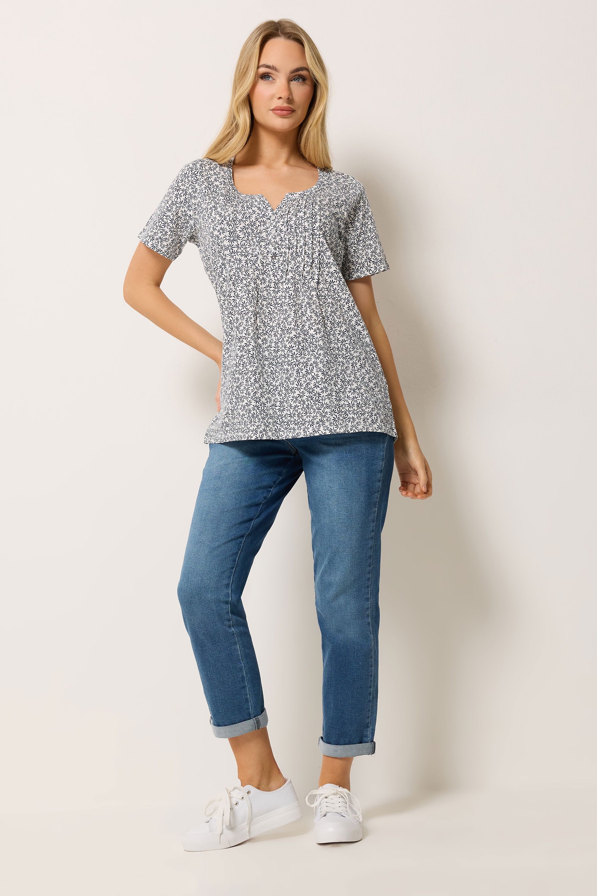 M&Co Navy Blue Floral Cotton Henley Top | M&Co 1