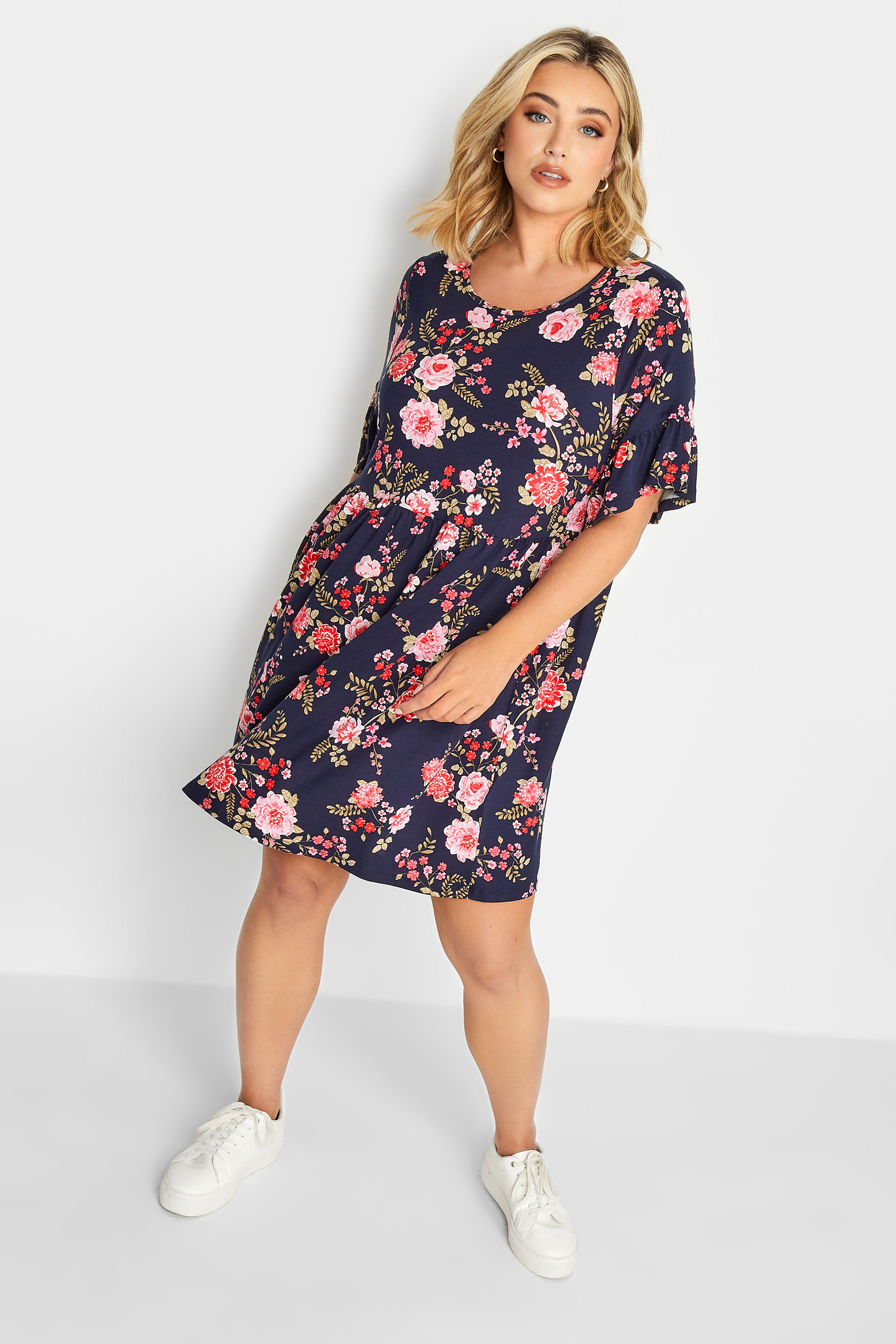 YOURS Curve Plus Size Dark Blue Ditsy Floral Print Smock Tunic Dress | Yours Clothing  2
