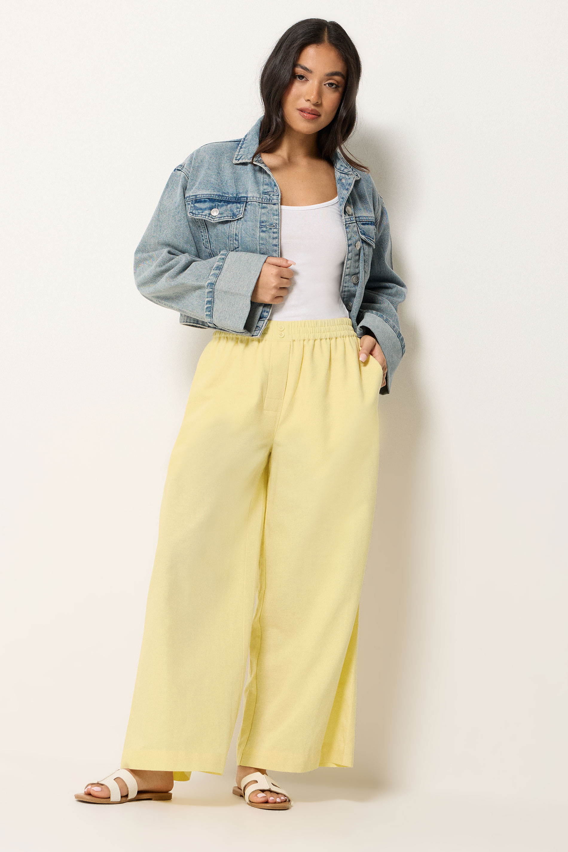 PixieGirl Petite Women's Yellow Button Linen Wide Leg Trousers | PixieGirl 3