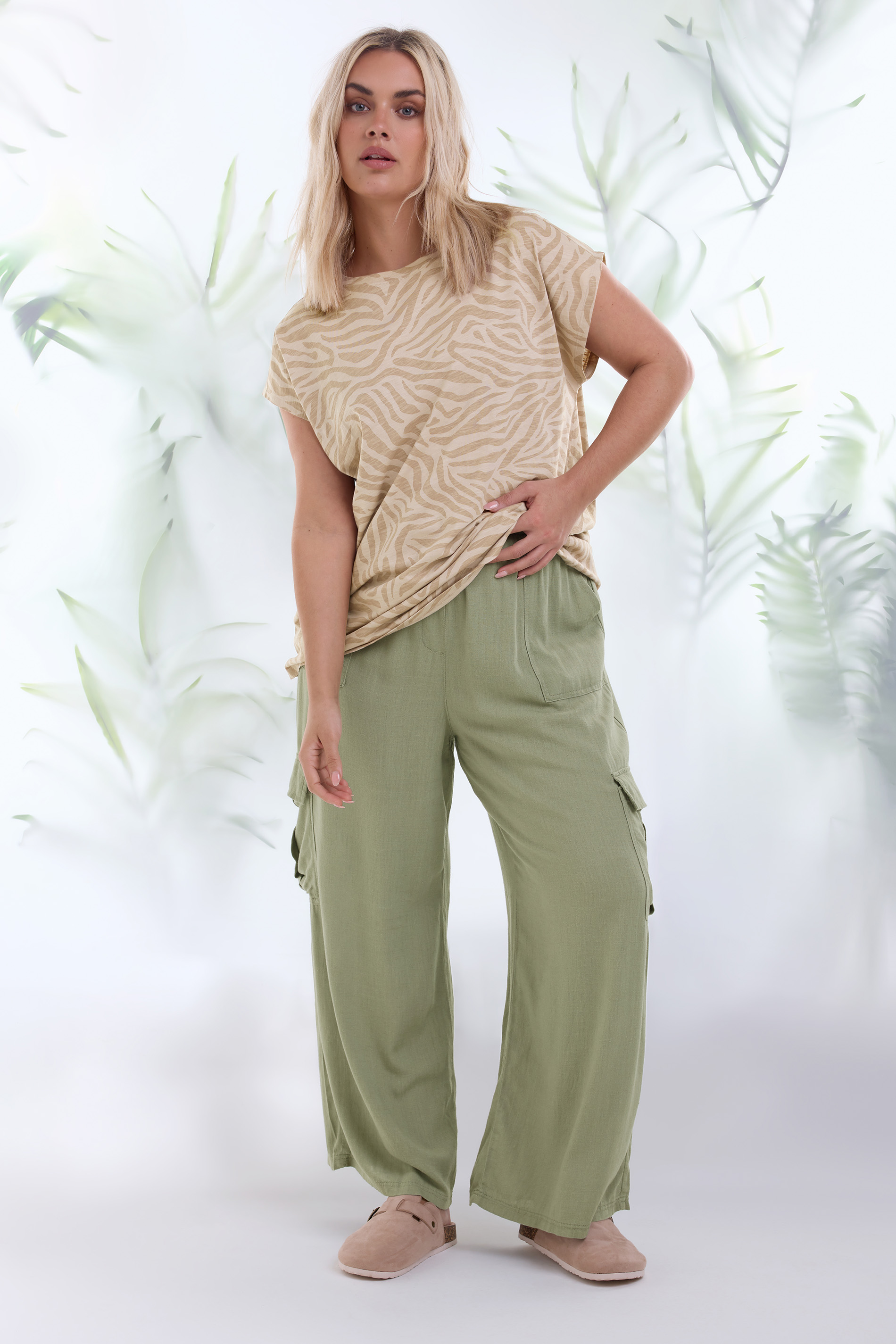 YOURS Plus Size Khaki Green Linen Wide Leg Cargo Trousers | Yours Clothing 1