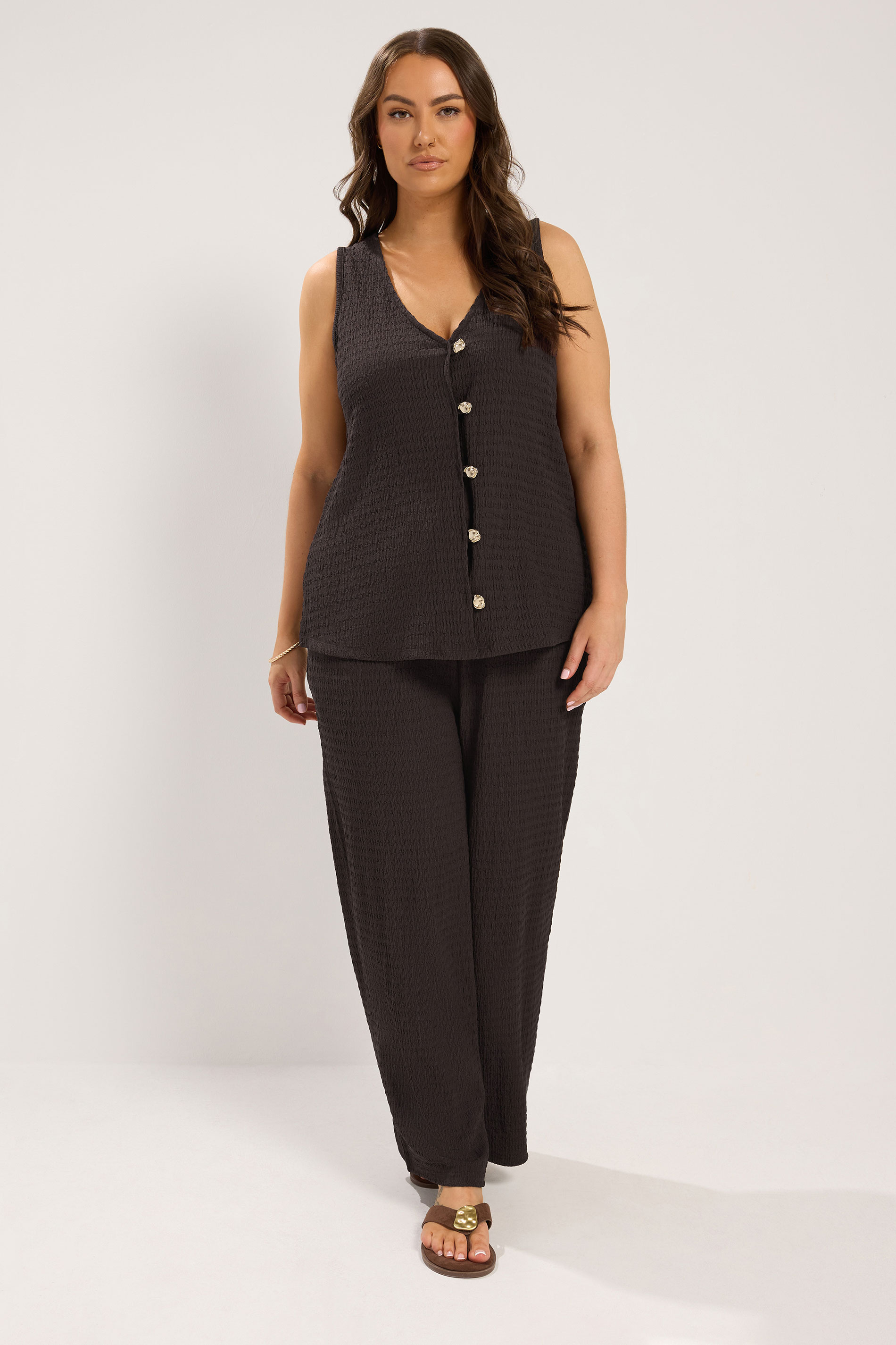 YOURS Plus Size Chocolate Brown Wide Leg Crinkle Trousers | Yours Clothing 2