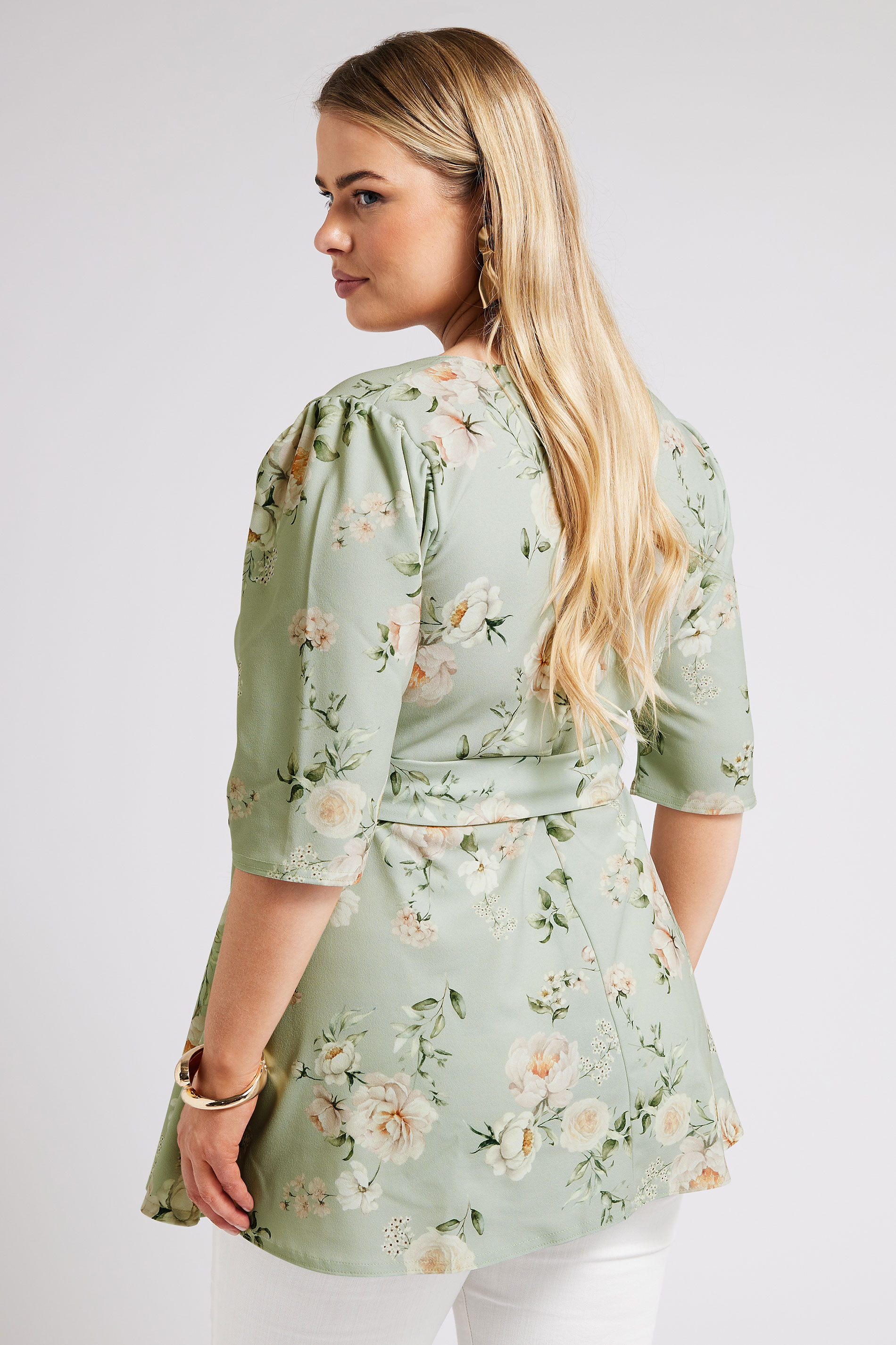 YOURS LONDON Plus Size Green Floral Print Square Neck Top | Yours Clothing 3