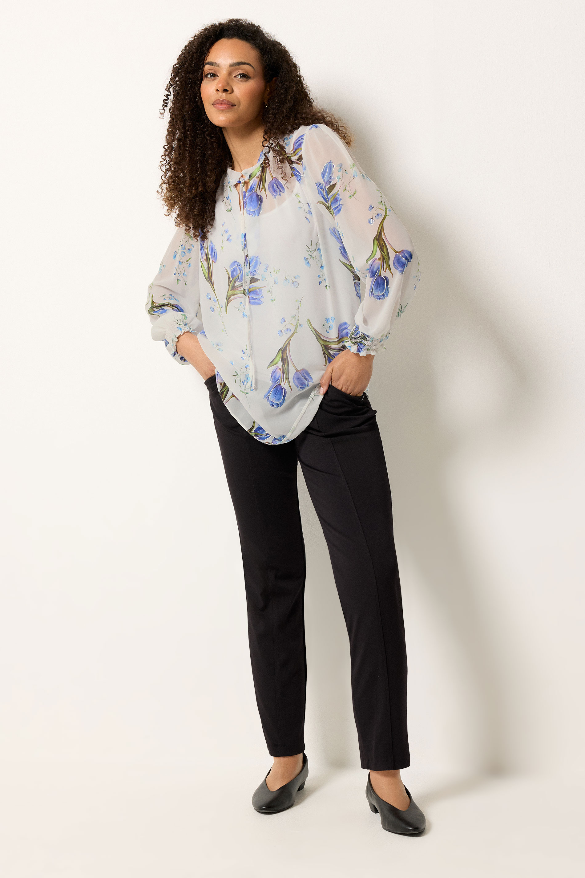 M&Co White & Blue Floral Tie Neck Blouse | M&Co 1