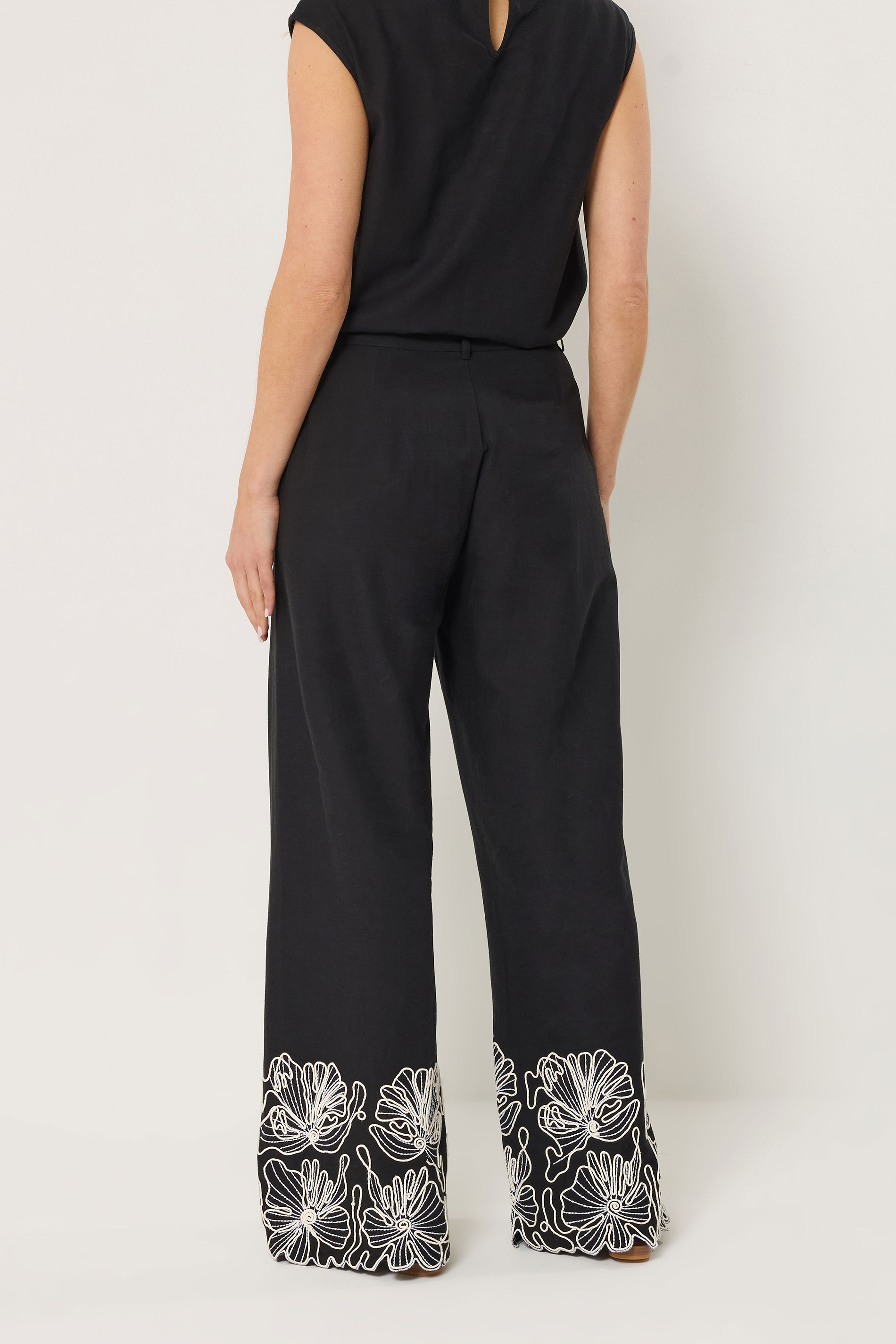LTS Tall Women's Black Floral Embroidered Linen Wide Leg Trousers | Long Tall Sally 4