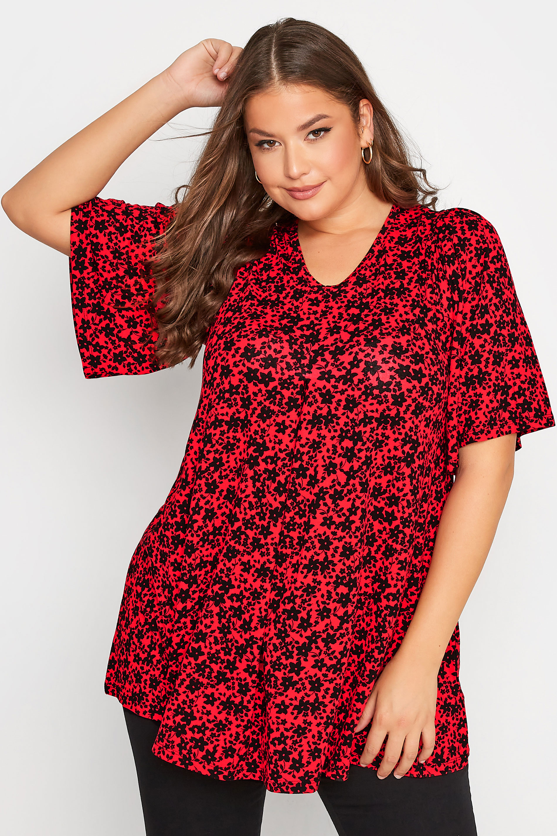 Plus Size Red Floral Pleated Swing Top | Yours Clothing 1