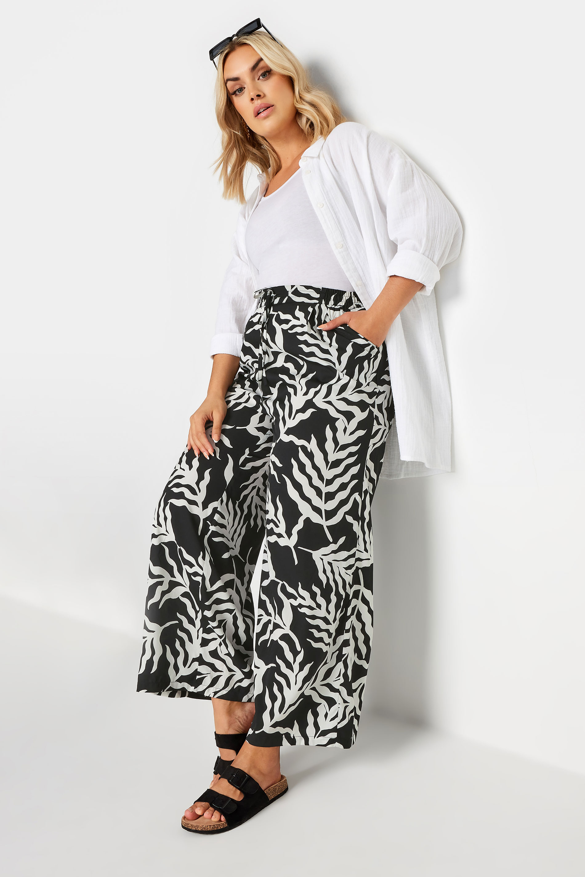 LIMITED COLLECTION Plus Size Black Leaf Print Drawstring Wide Leg Trousers | Yours Clothing 3