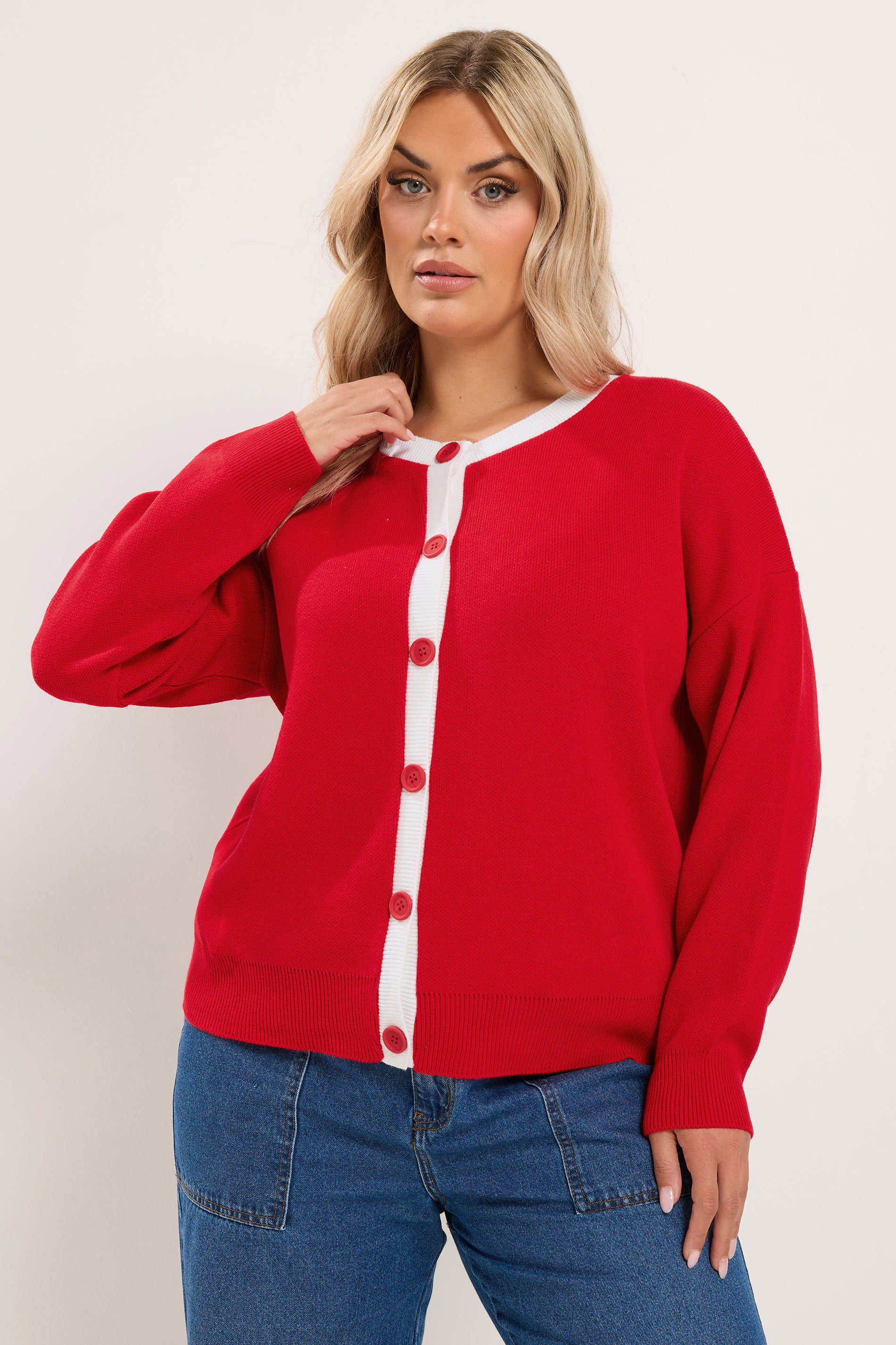 YOURS Plus Size Red Contrast Knitted Cardigan | Yours Clothing 3