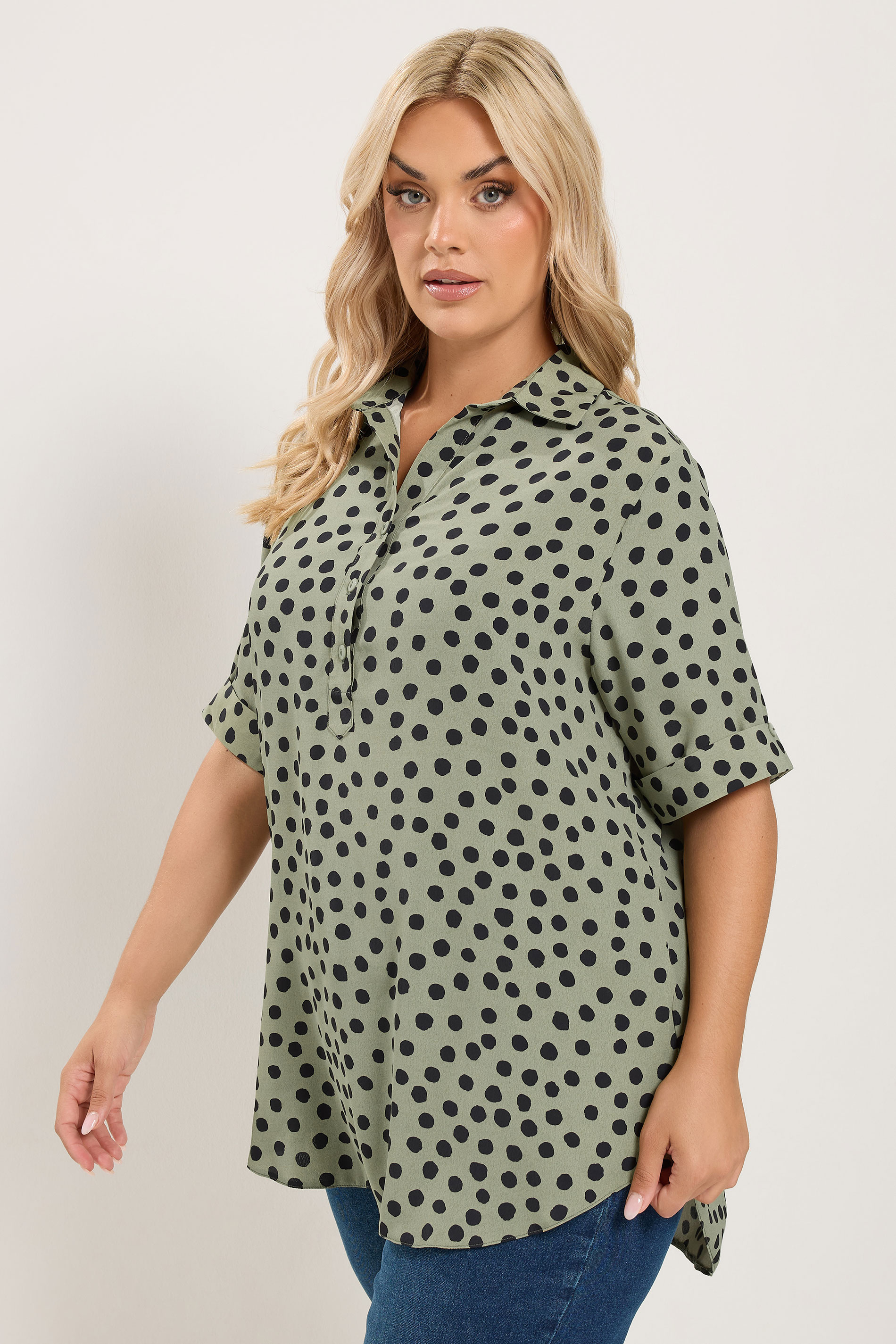 YOURS Plus Size Khaki Green Polka Dot Half Placket Shirt | Yours Clothing 3
