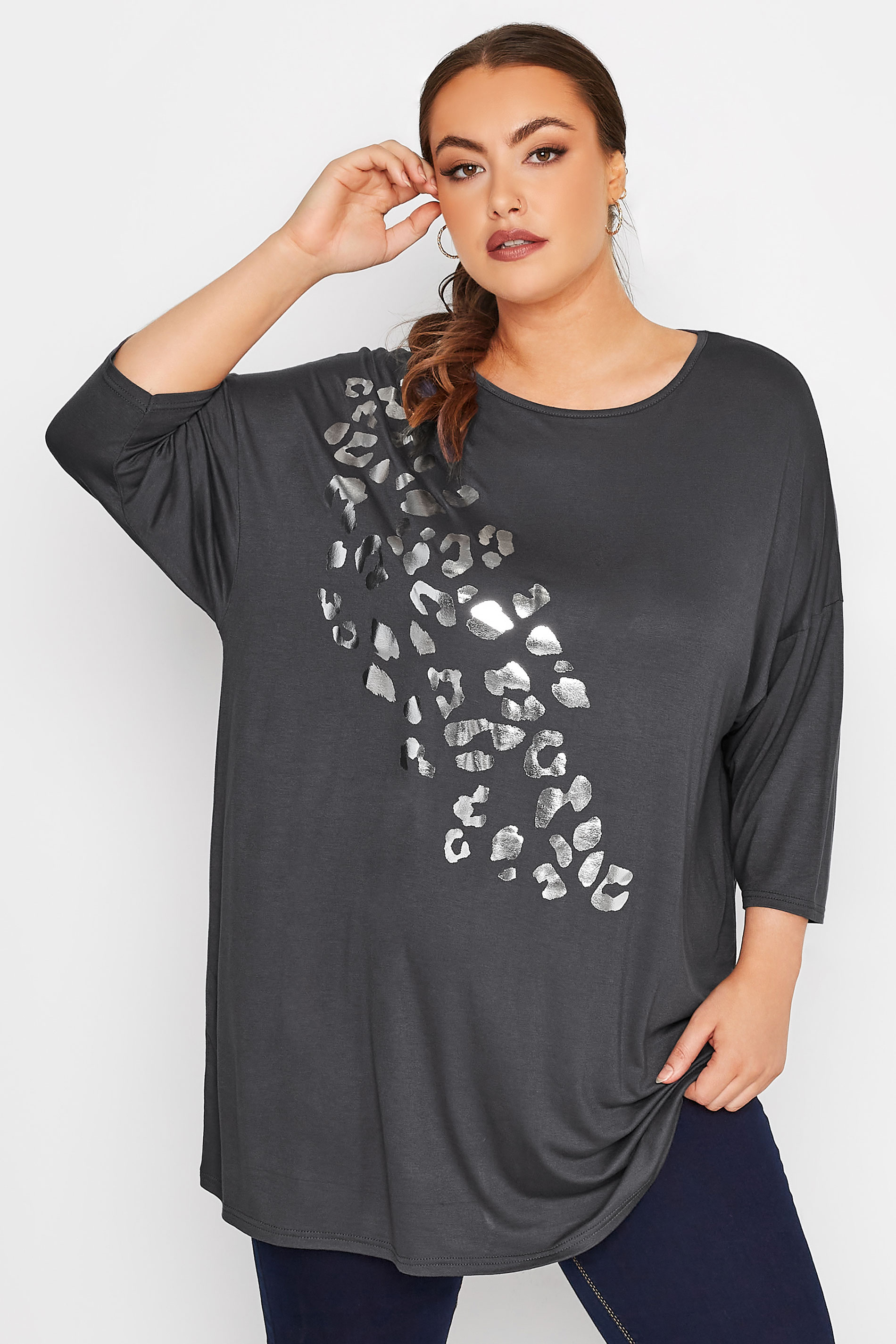 Plus Size LIMITED COLLECTION Dark Grey Foil Leopard Print Oversized T-Shirt | Yours Clothing  1