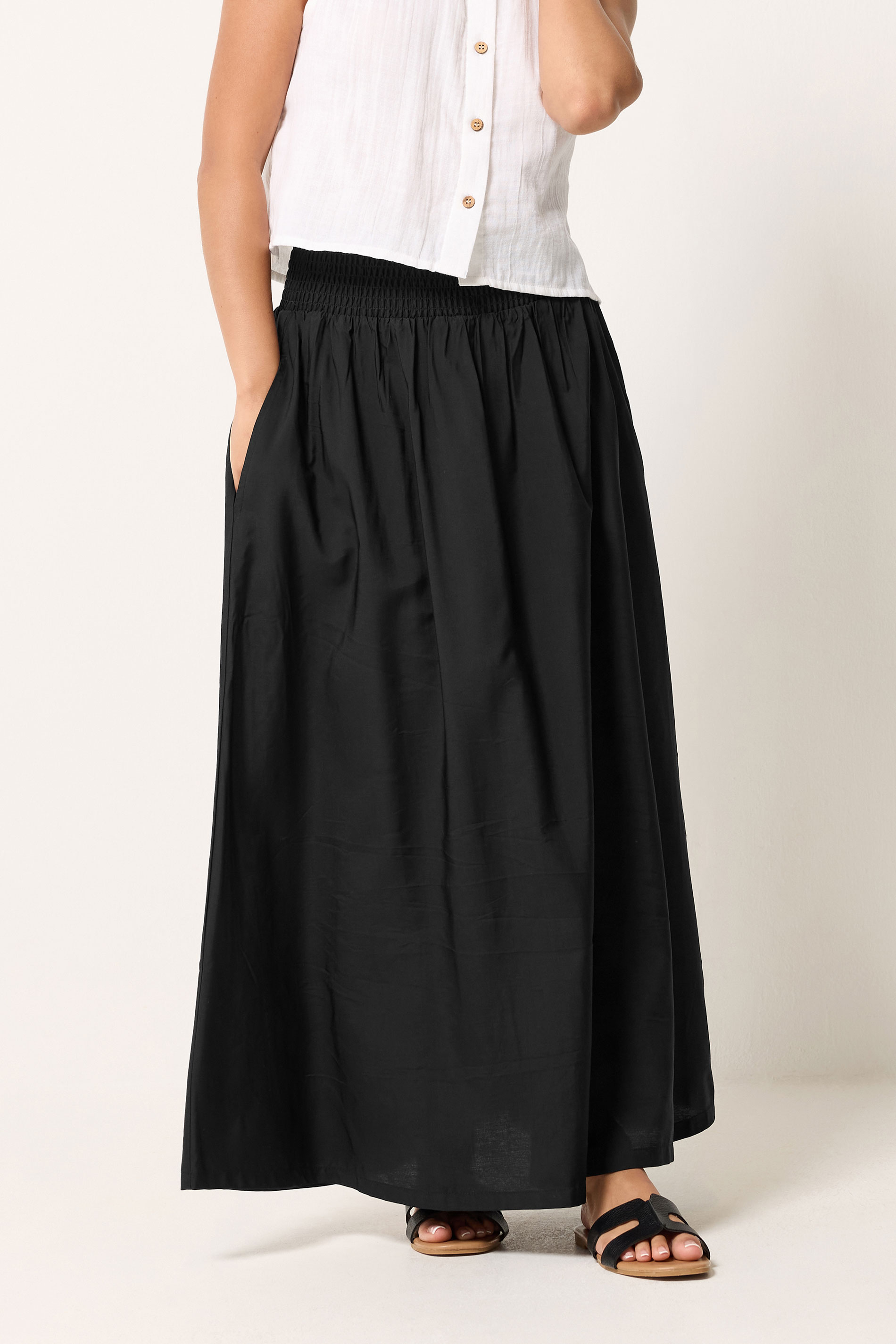 PixieGirl Petite Women's Black Shirred Waist Midi Skirt | PixieGirl 1
