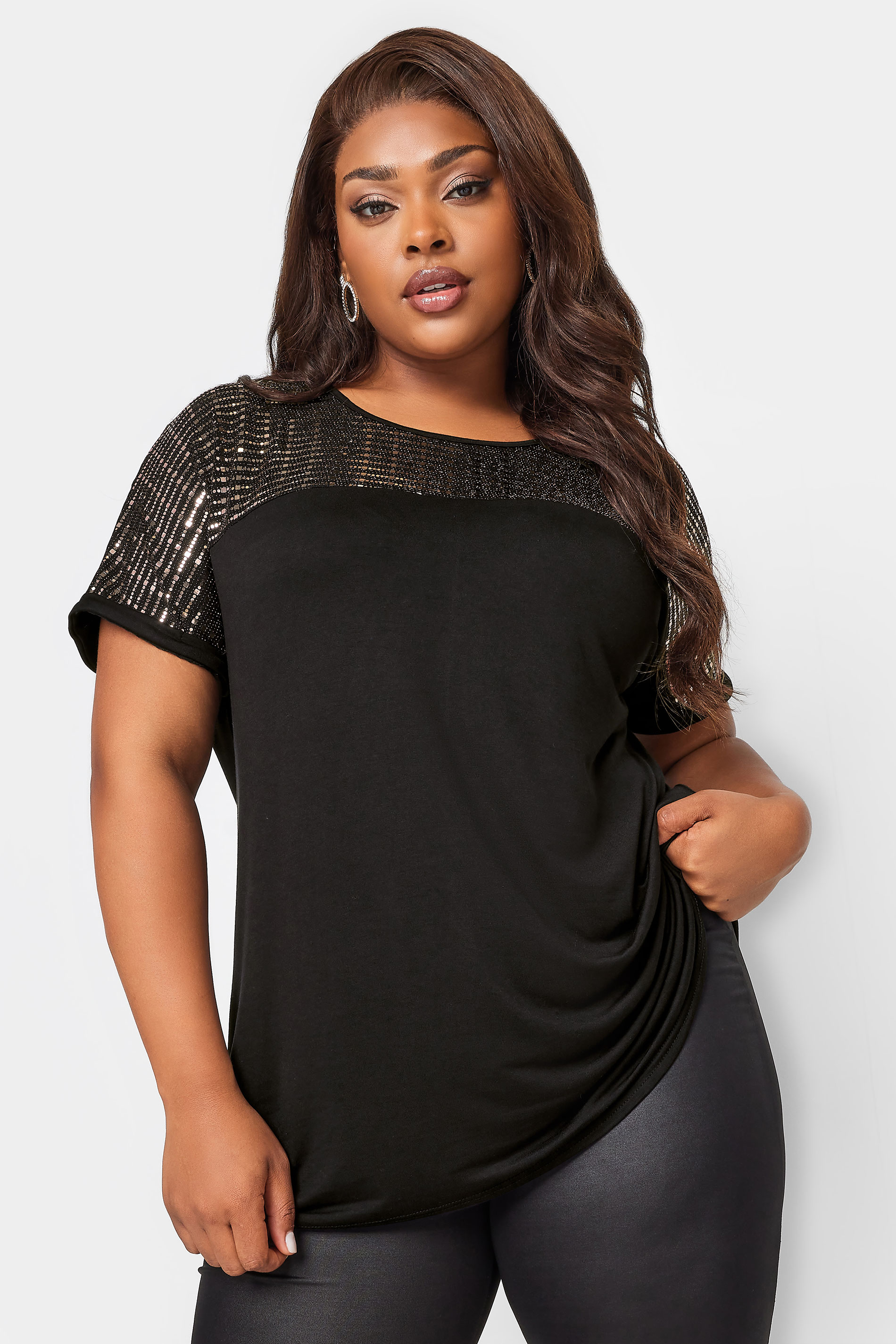 YOURS Plus Size Black & Rose Gold Sequin Embellished Top | Yours Clothing 1