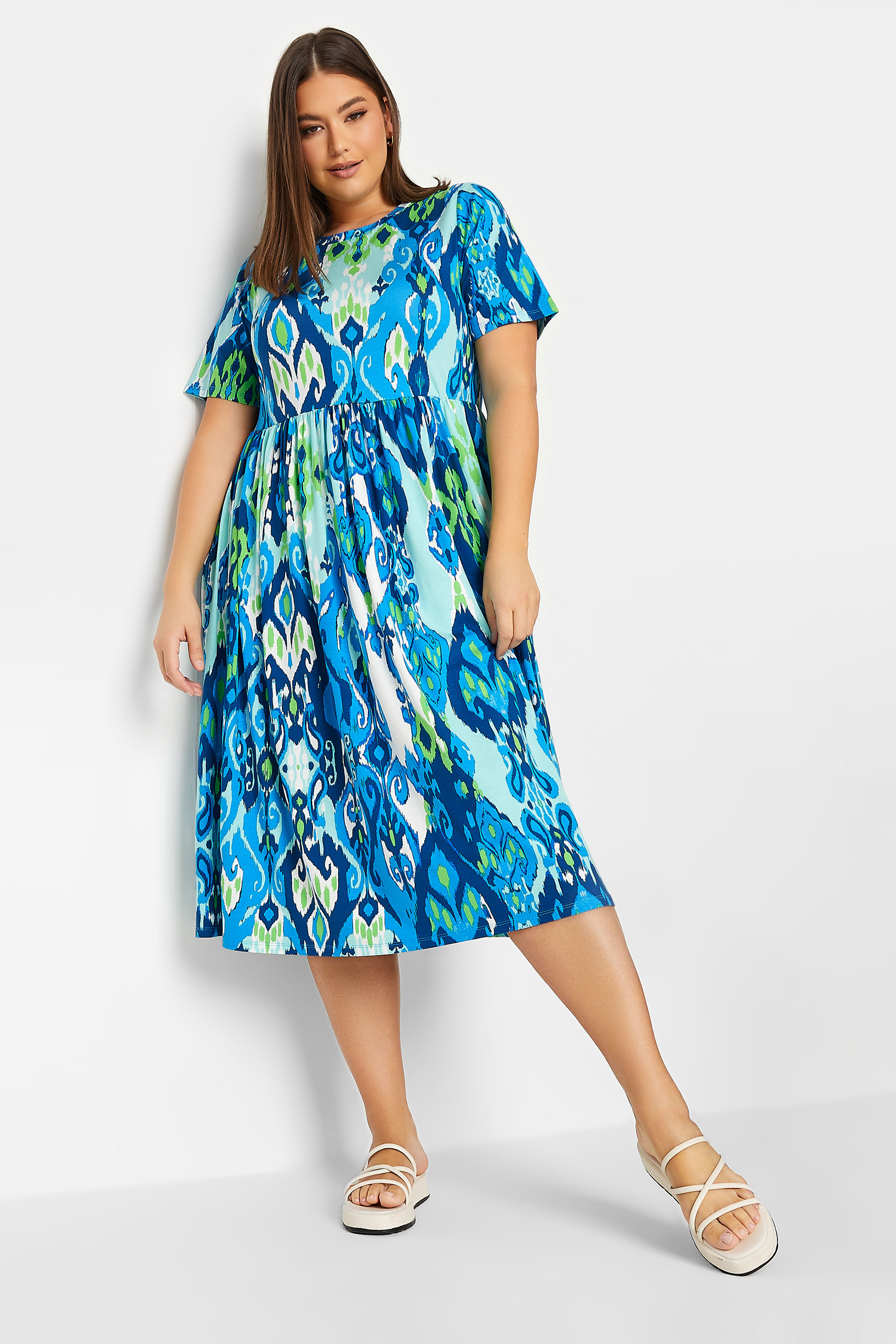 YOURS Curve Blue Abstract Print Frill Sleeve Smock Dress 3
