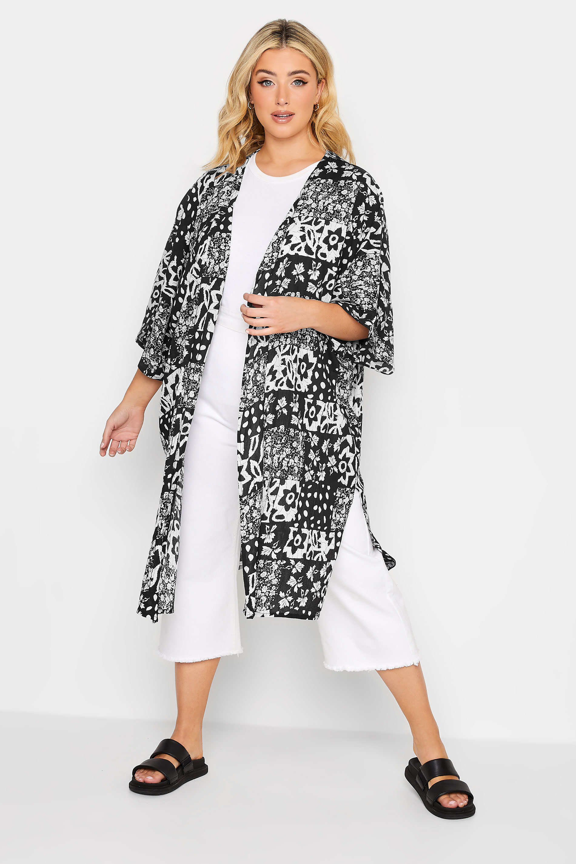YOURS Curve Plus Size Black Tropical Print Longline Kimono | Yours Clothing  1