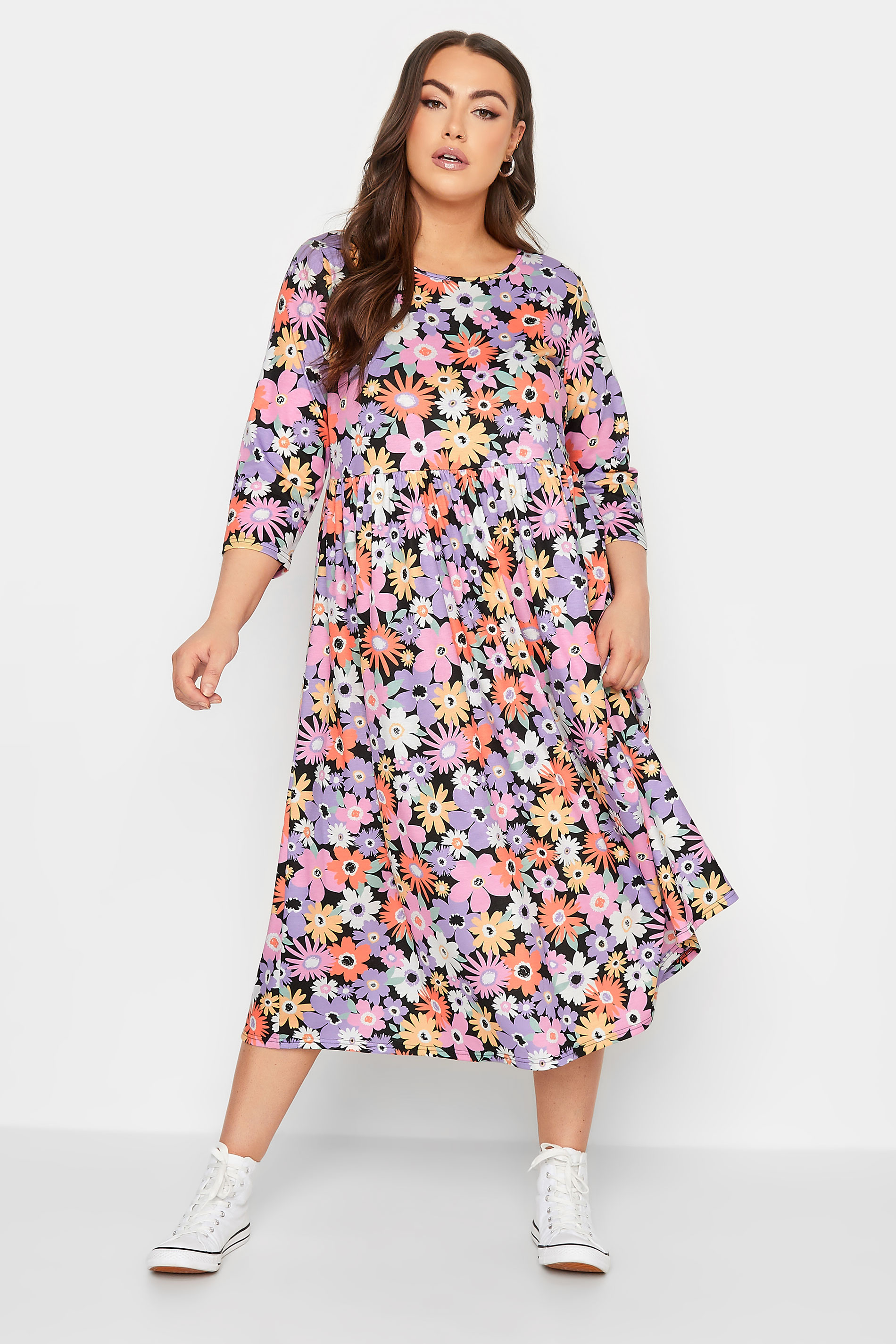 YOURS Curve Plus Size Black Floral Smock Dress | Yours Clothing  1