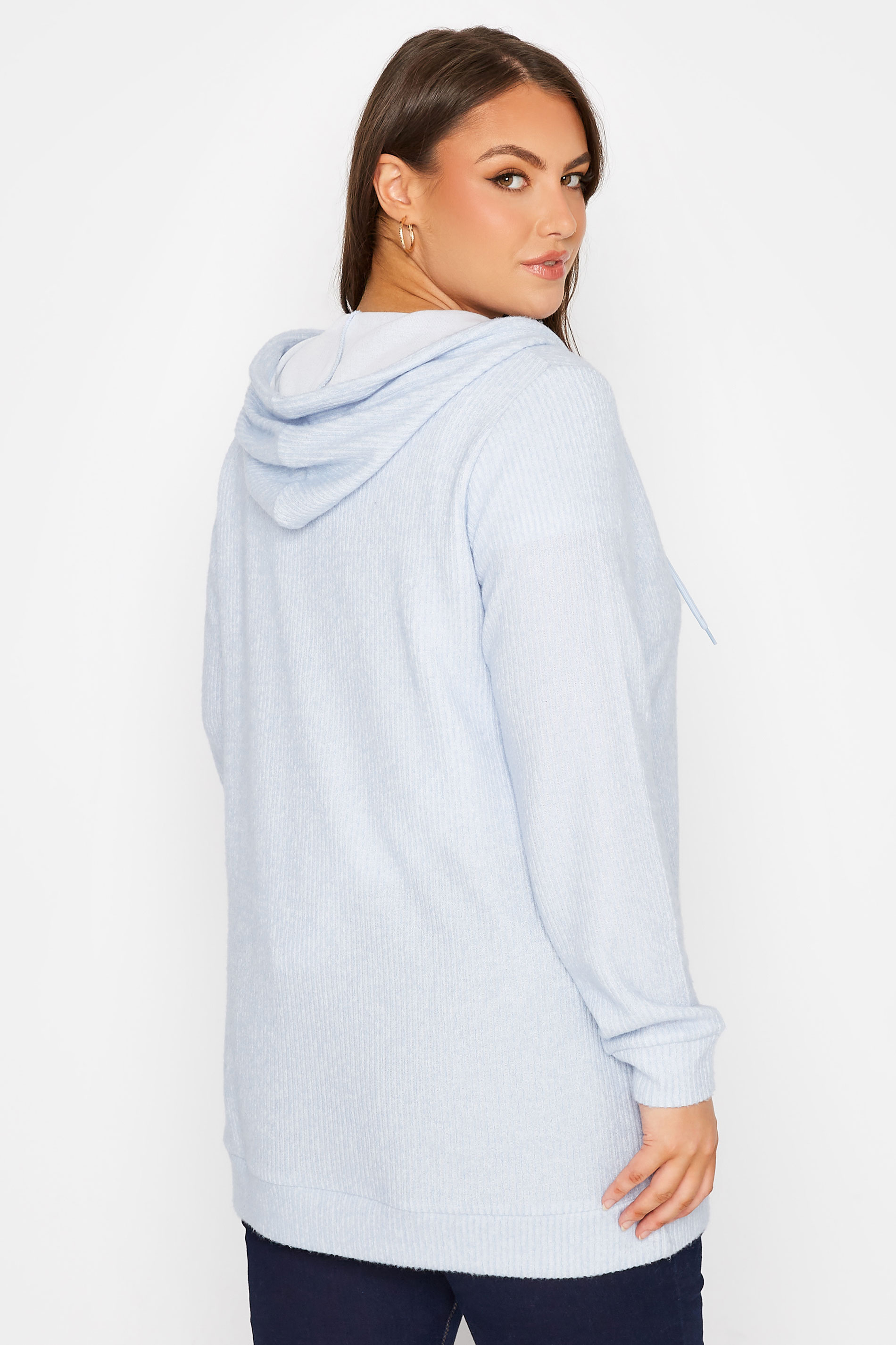 Plus Size Blue Soft Touch Ribbed Zip Through Hoodie | Yours Clothing 3