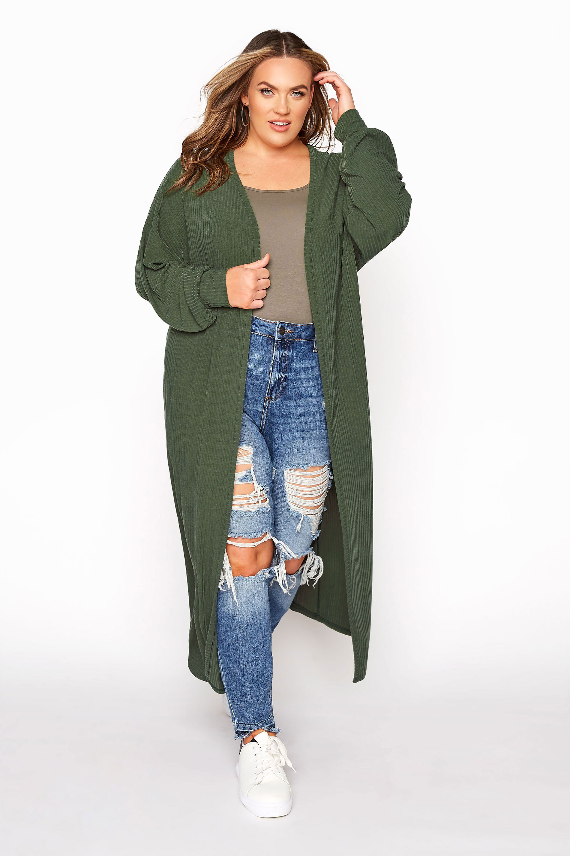 LIMITED COLLECTION Khaki Green Ribbed Long Cardigan 1