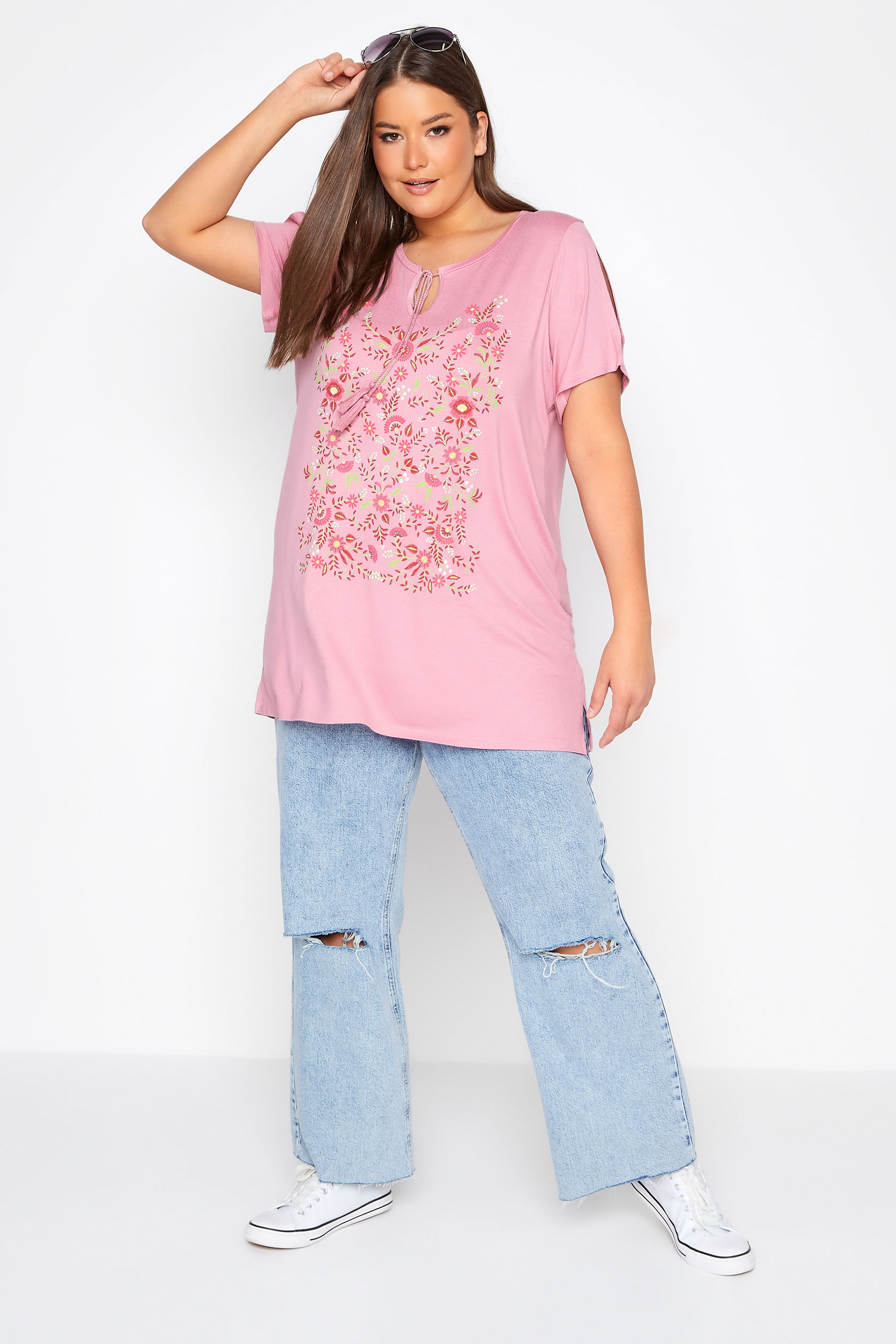 Grande taille  Tops Grande taille  T-Shirts | T-Shirt Rose Design Floral Manches Découpées - JG00849