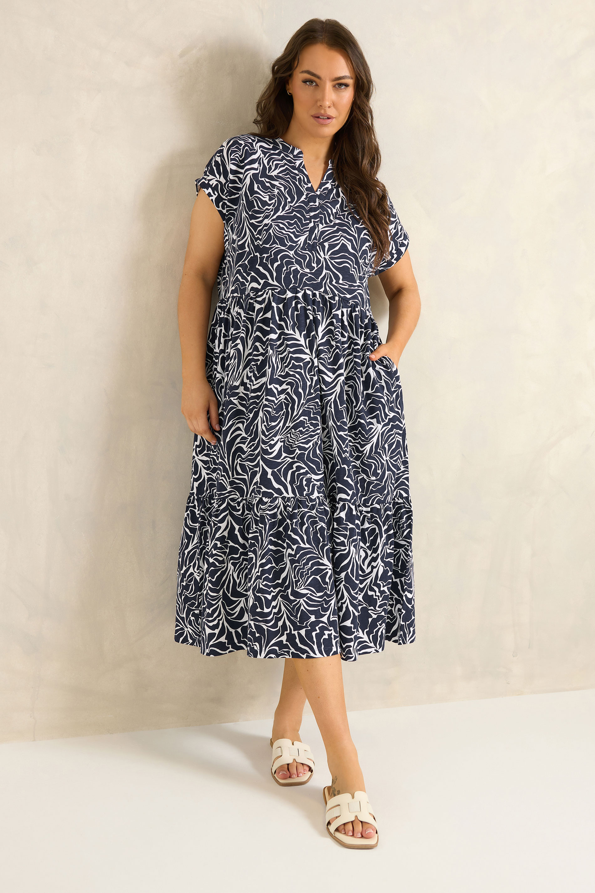 EVANS Plus Size Navy Blue Abstract Print Notch Neck Cotton Midi Dress | Evans 1