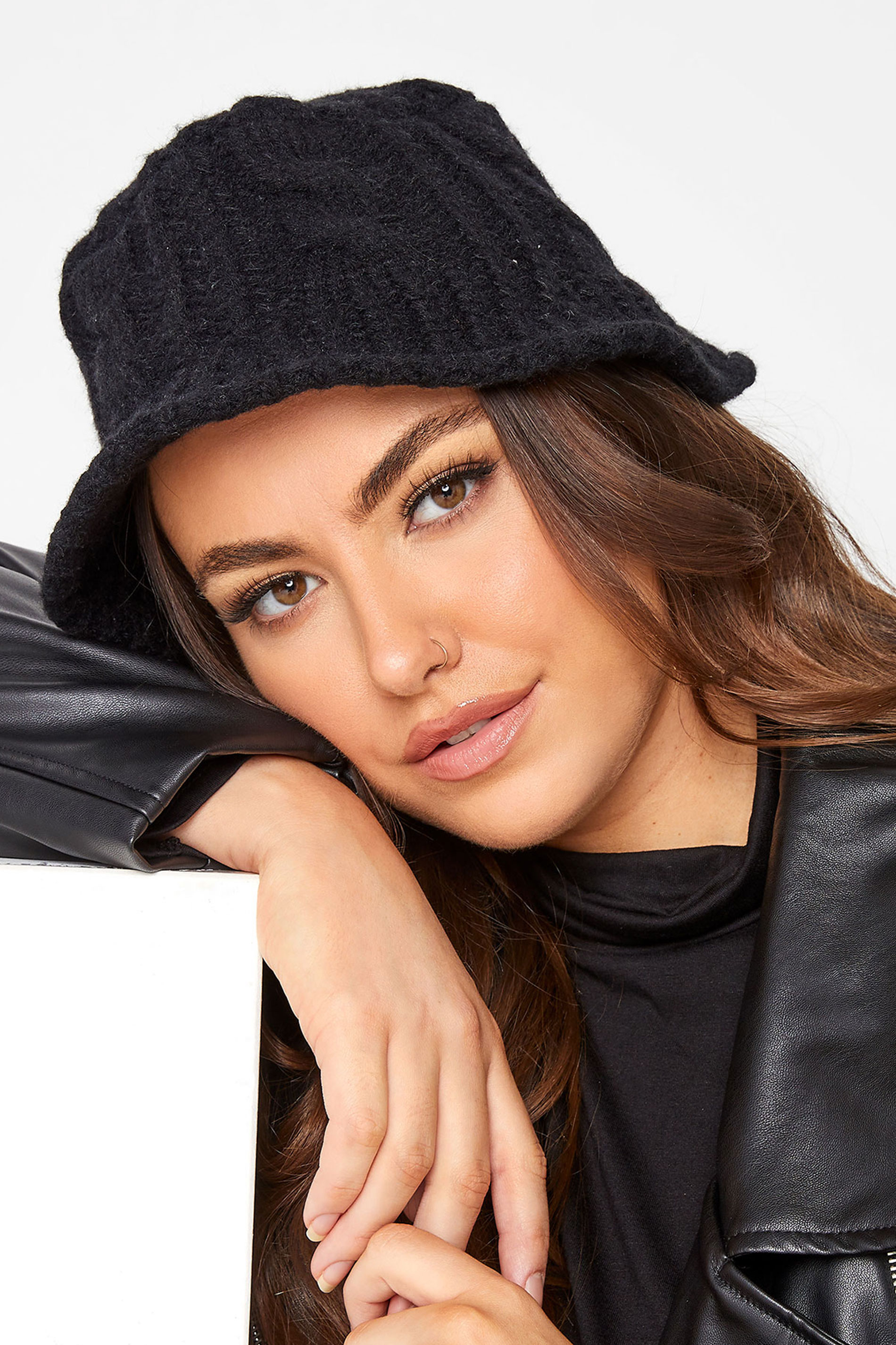 Plus Size Black Cable Knit Bucket Hat | Yours Clothing 1