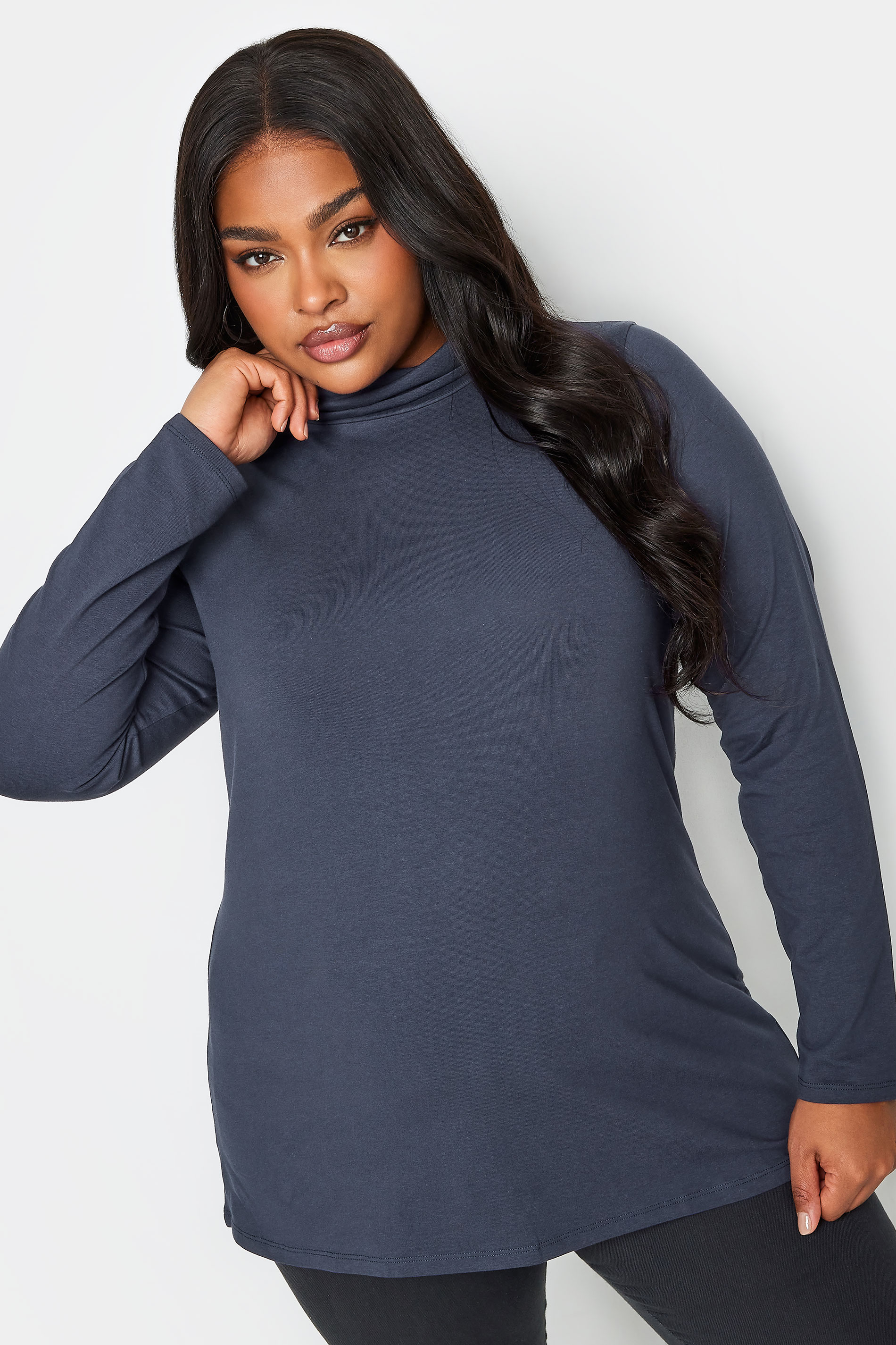 YOURS Plus Size Navy Blue Long Sleeve Turtle Neck Top | Yours Clothing 1