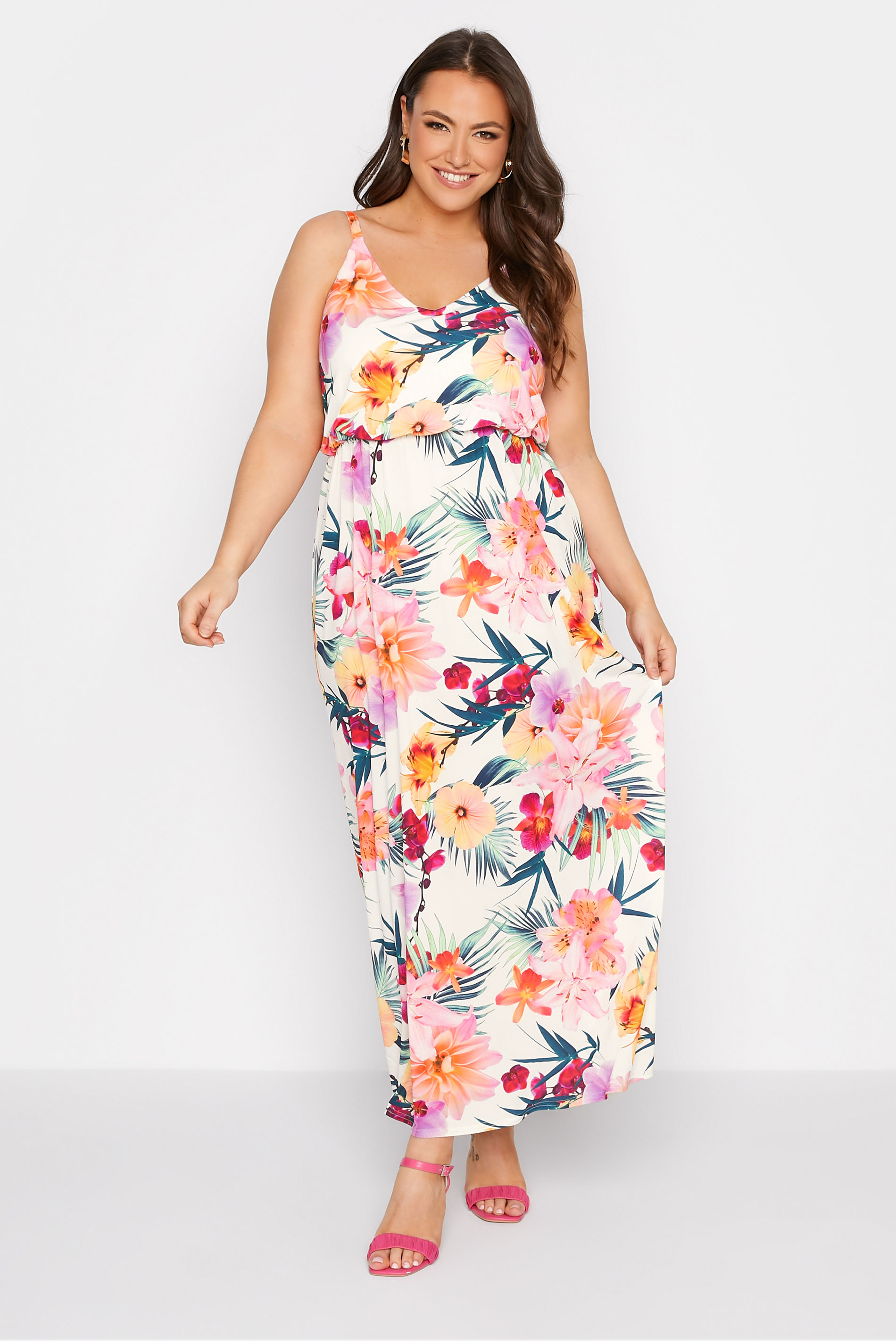 Robes Grande Taille Grande taille  Robes Longues | YOURS LONDON - Robe Blanche Imprimé Floral Tropical - QH23739