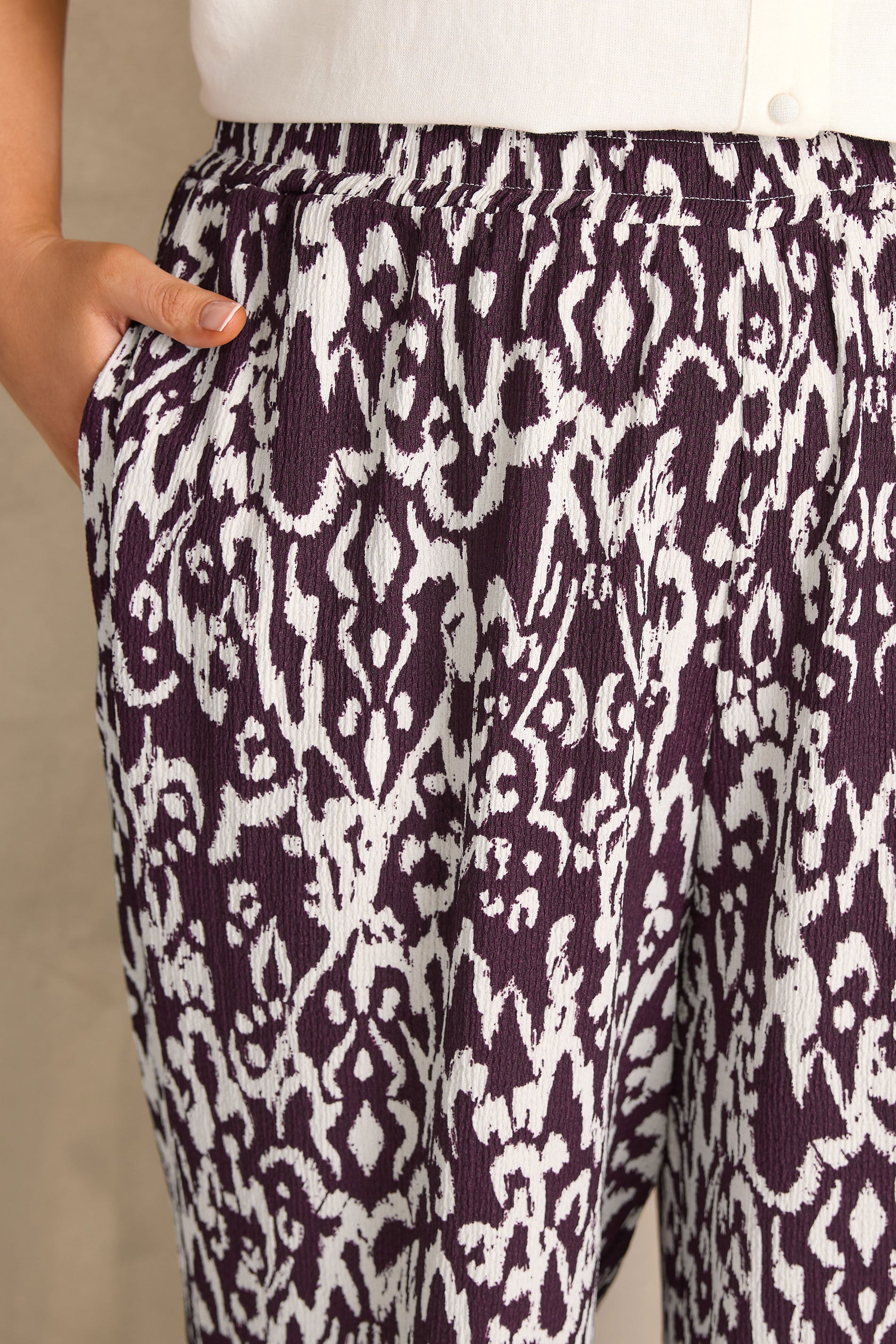 EVANS Plus Size Berry Red Ikat Print Shirred Waist Trousers | Evans 5
