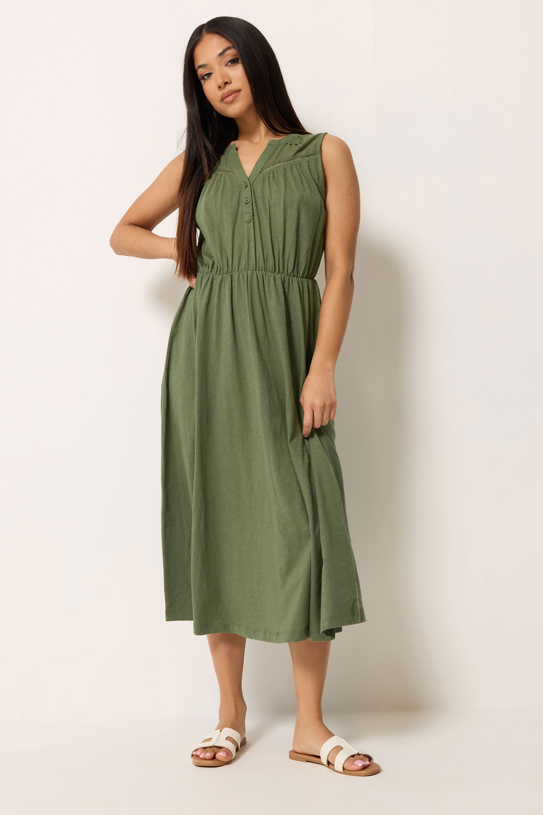 M&Co Petite Khaki Green Broderie Sleeveless Cotton Midi Dress | M&Co 3