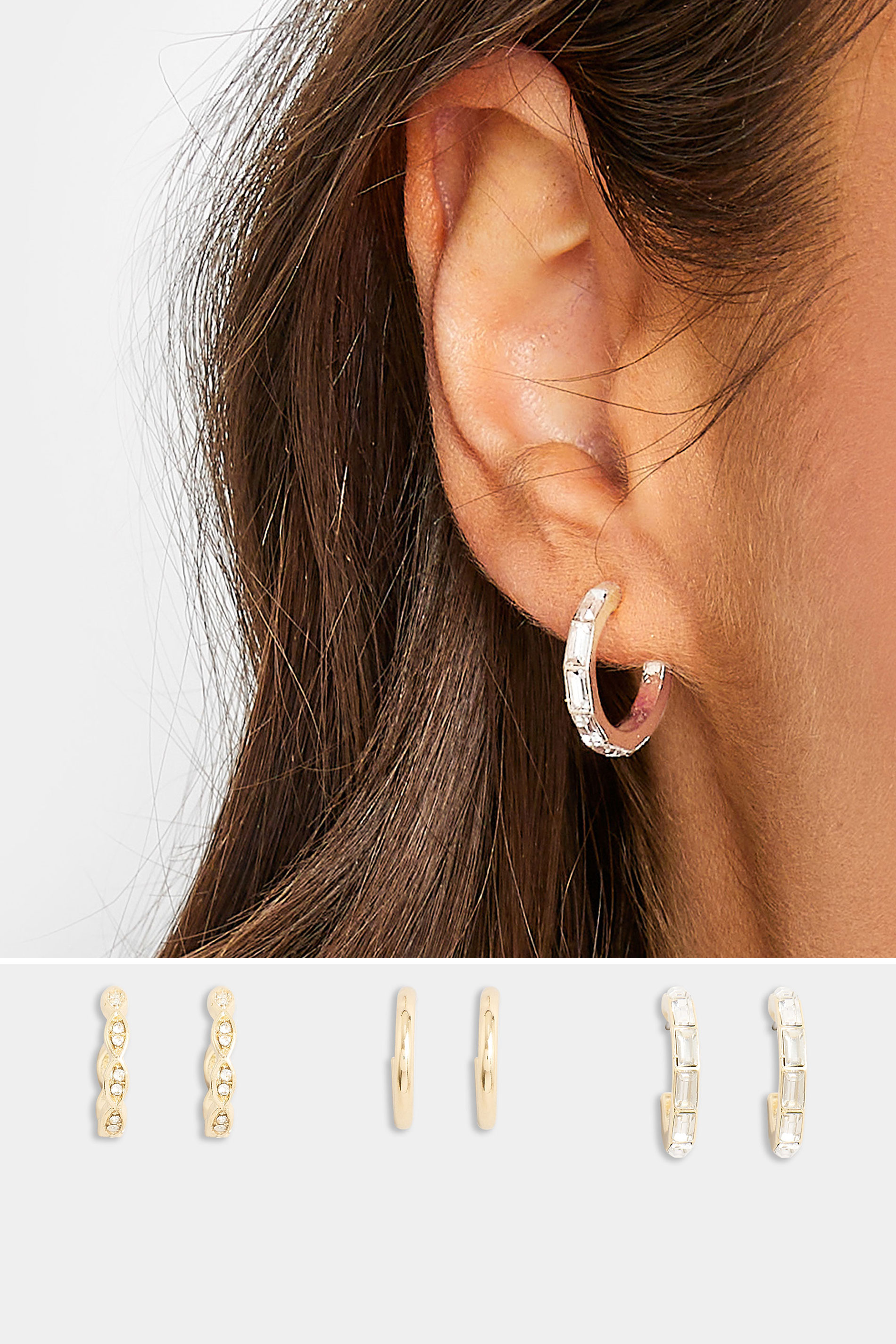 3 PACK Gold Tone Diamante Hoop Earrings | Yours Clothing 1