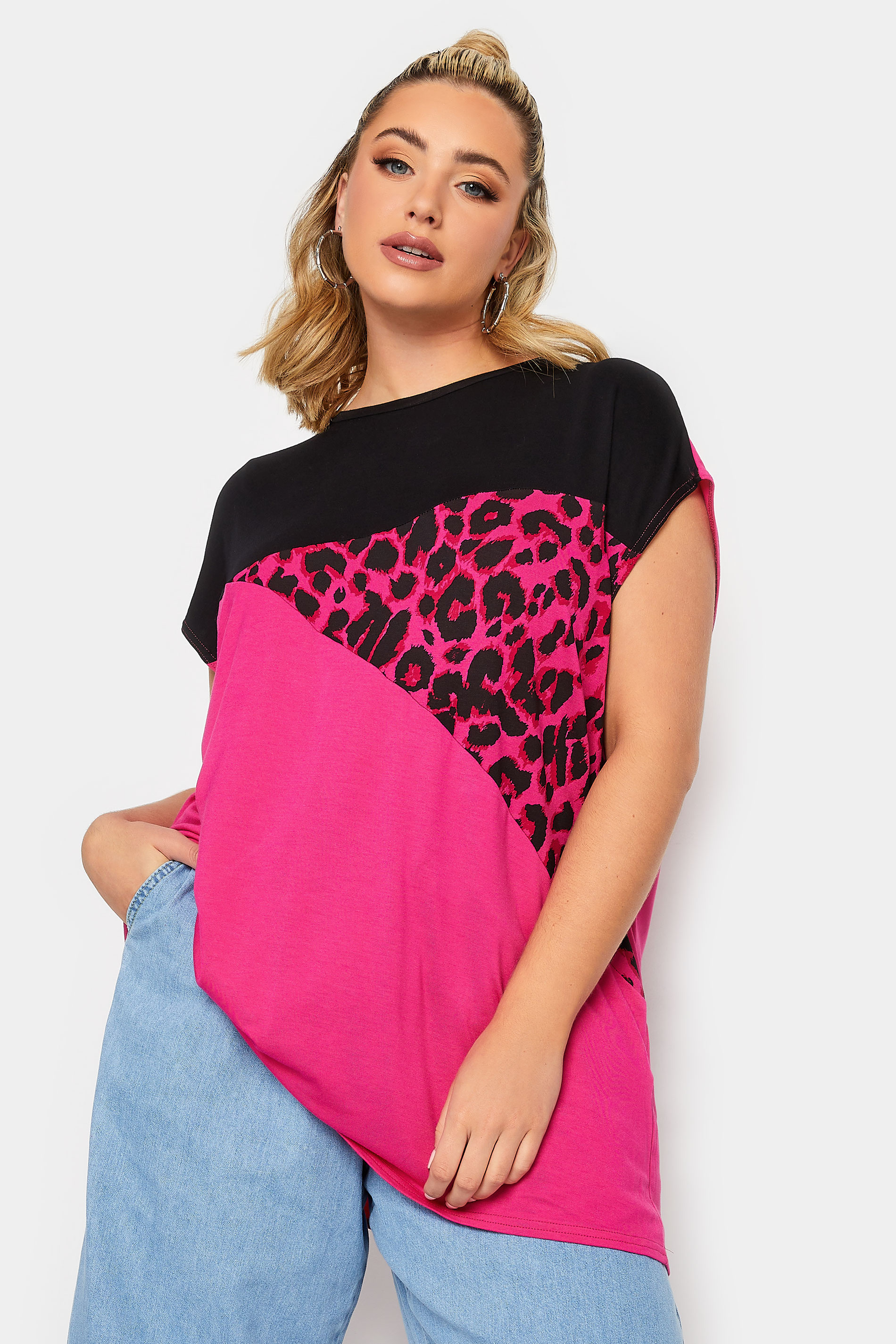 LIMITED COLLECTION Plus Size Hot Pink Leopard Print Colour Block T-Shirt | Yours Clothing 2