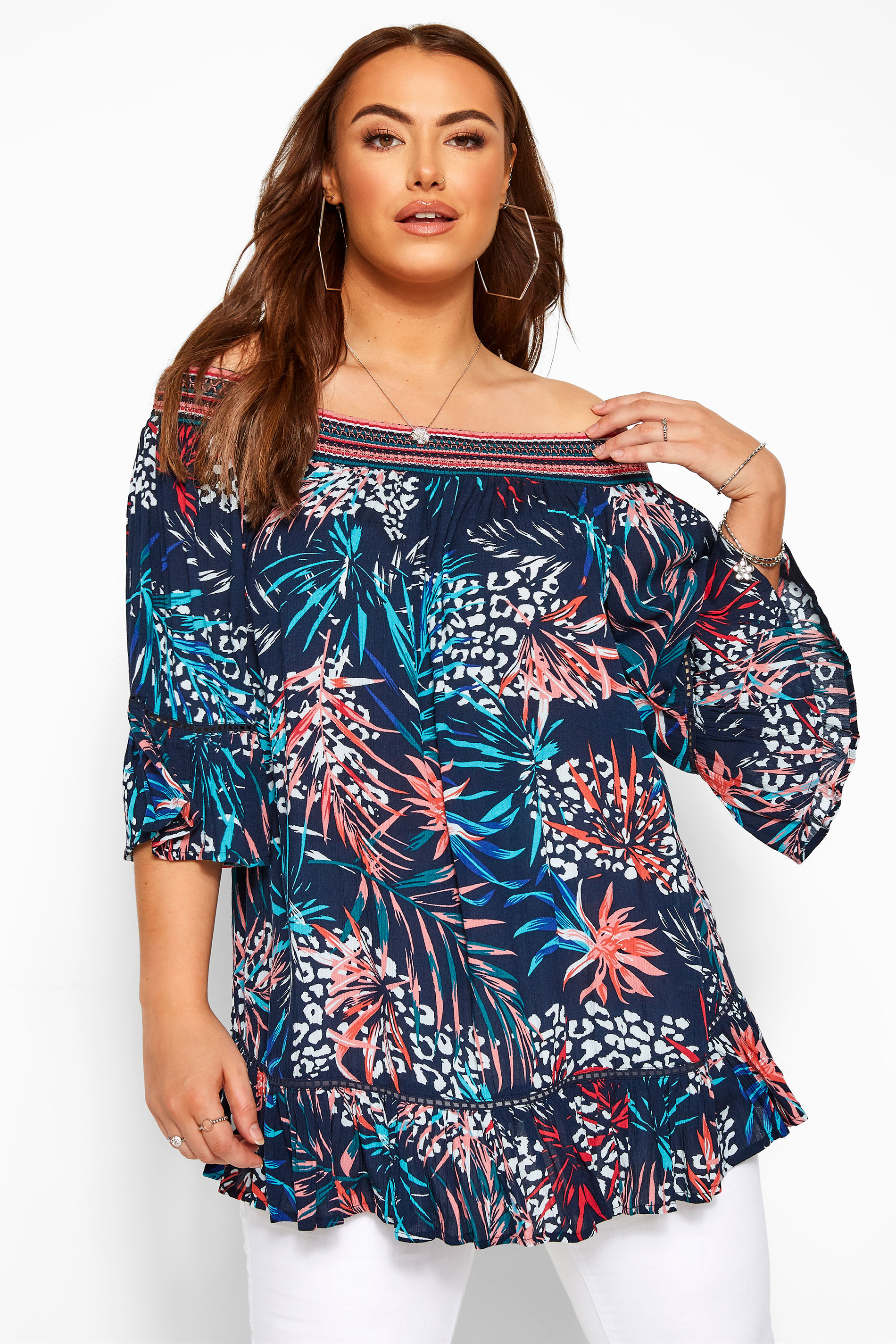Navy Animal Tropical Print Shirred Bardot Top | Yours Clothing
