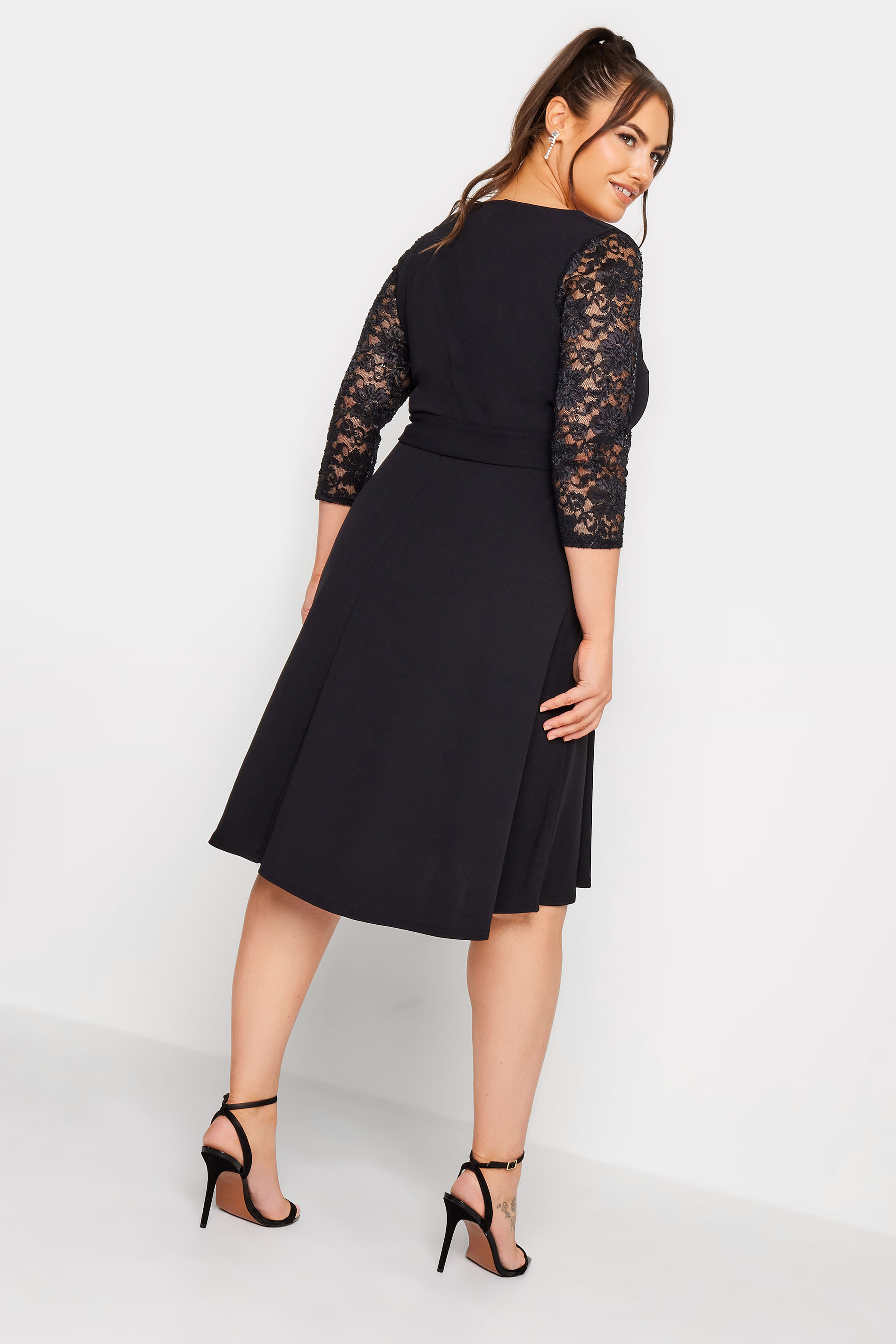 YOURS LONDON Plus Size Black Sequin Detail Lace Sleeve Skater Dress | Yours Clothing 3