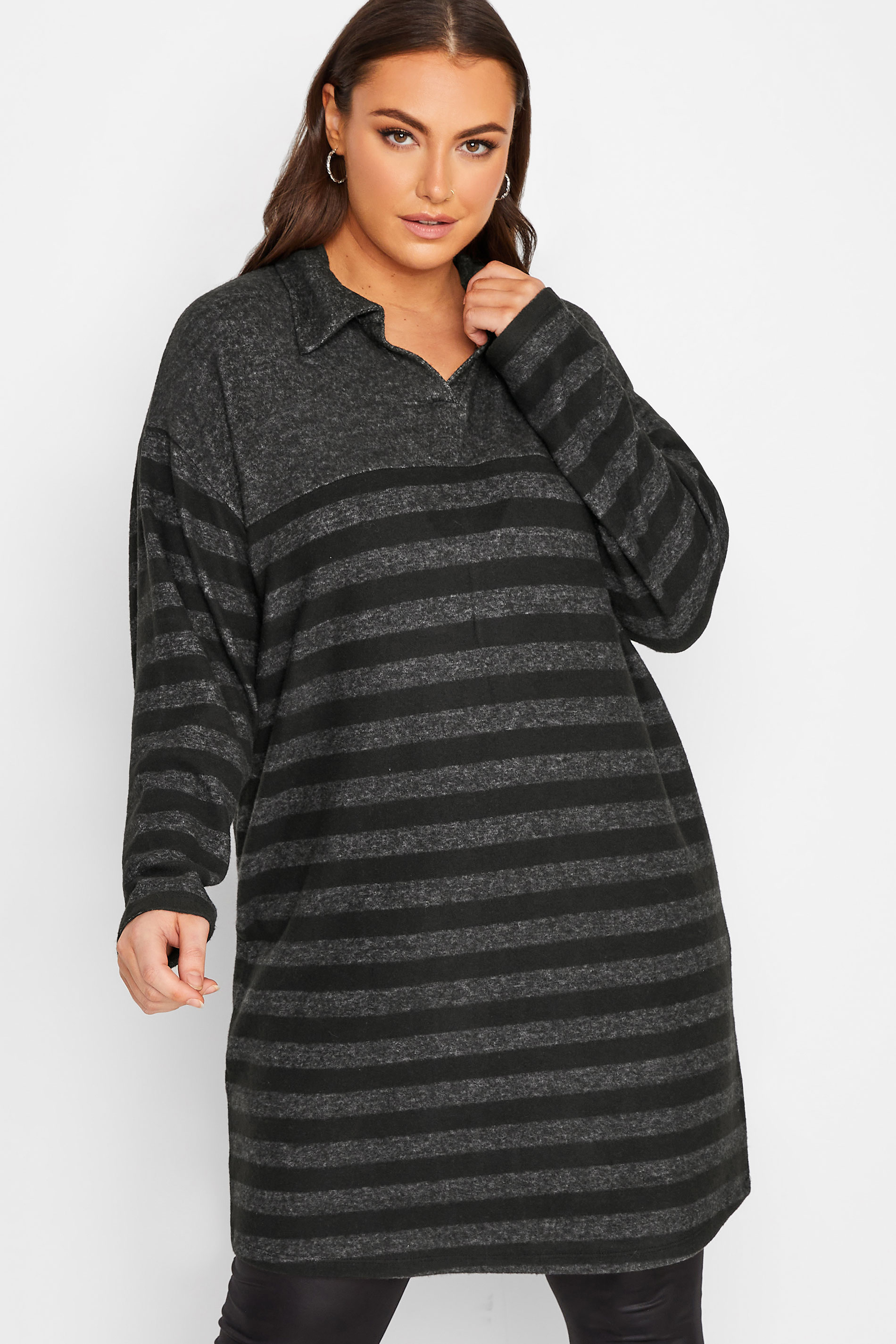 YOURS LUXURY Curve Black Stripe Open Collar Soft Touch Dress | Yours Clothing 1