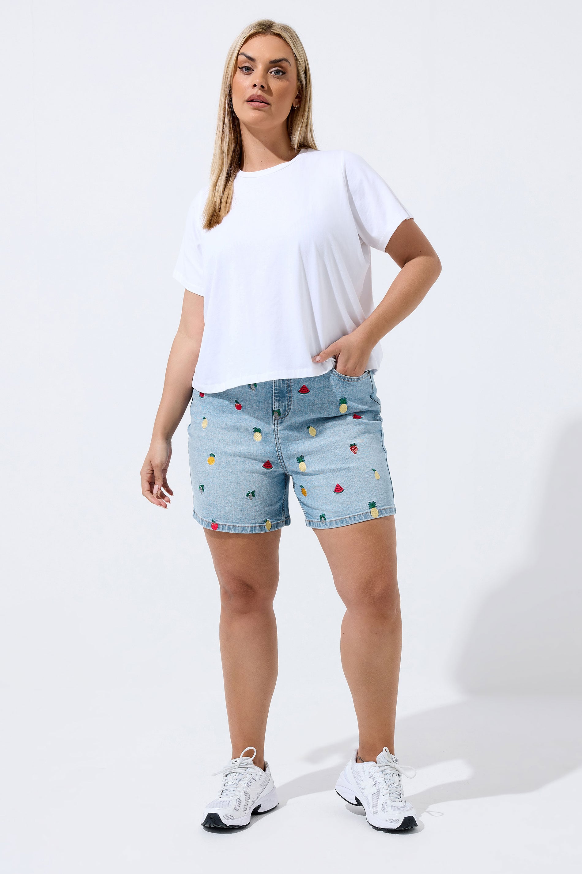 LIMITED COLLECTION Plus Size Blue Embroidered Fruit Denim Shorts | Yours Clothing 1