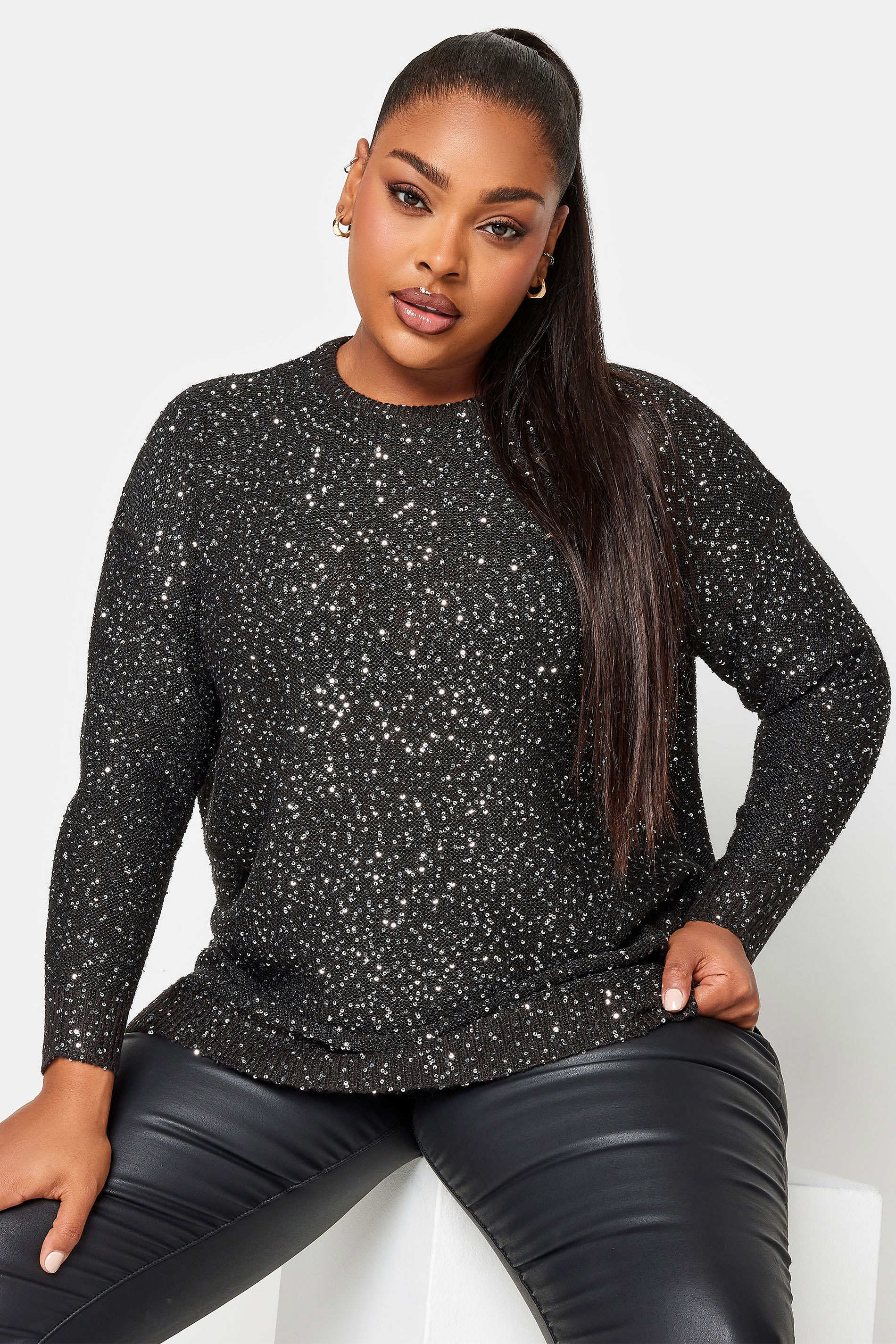 YOURS Plus Size Black Sequin Embellished Jumper | Yours Clothing 1