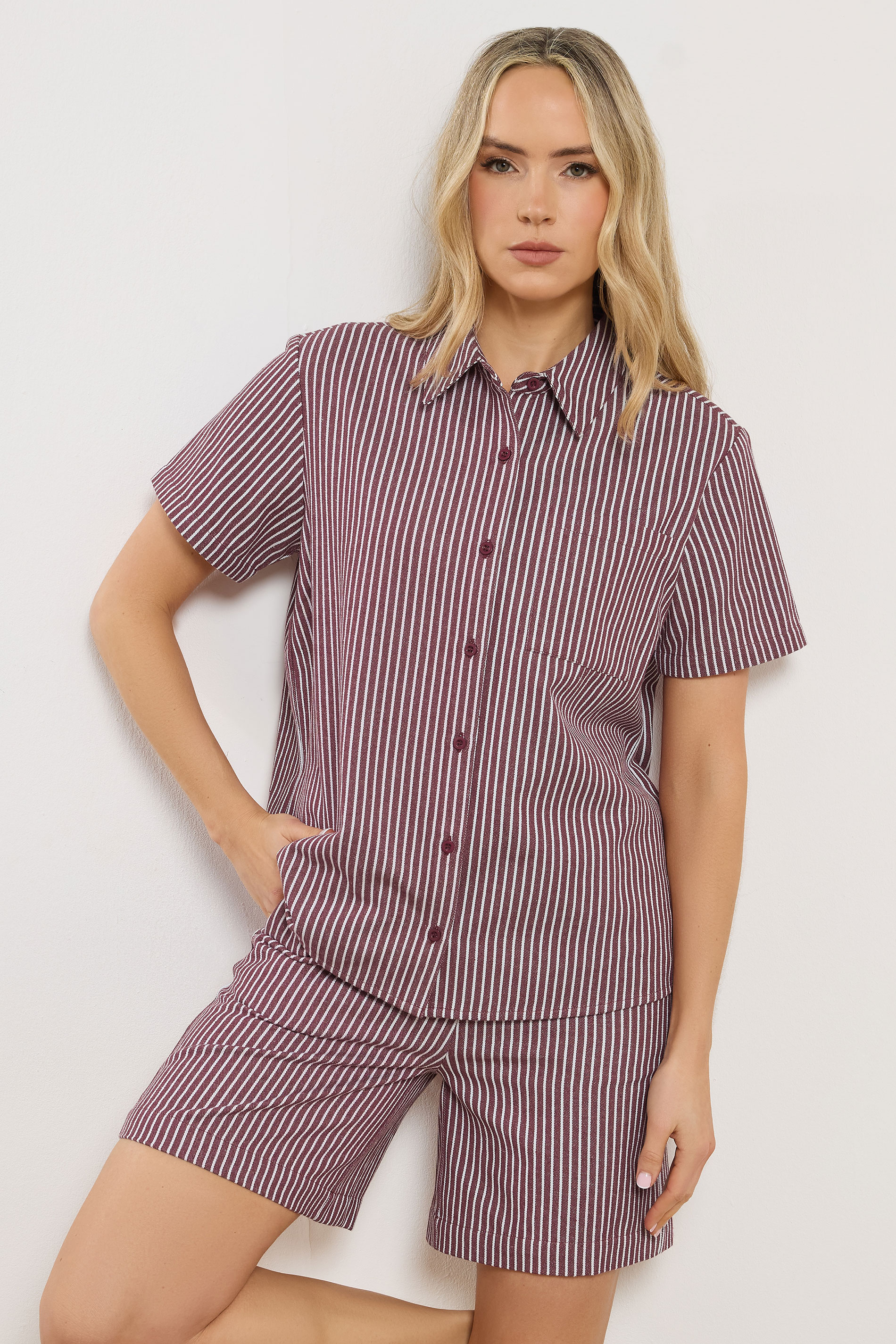 LTS Tall Women's Burgundy Red Stripe Button Cotton Shirt | Long Tall Sally 3