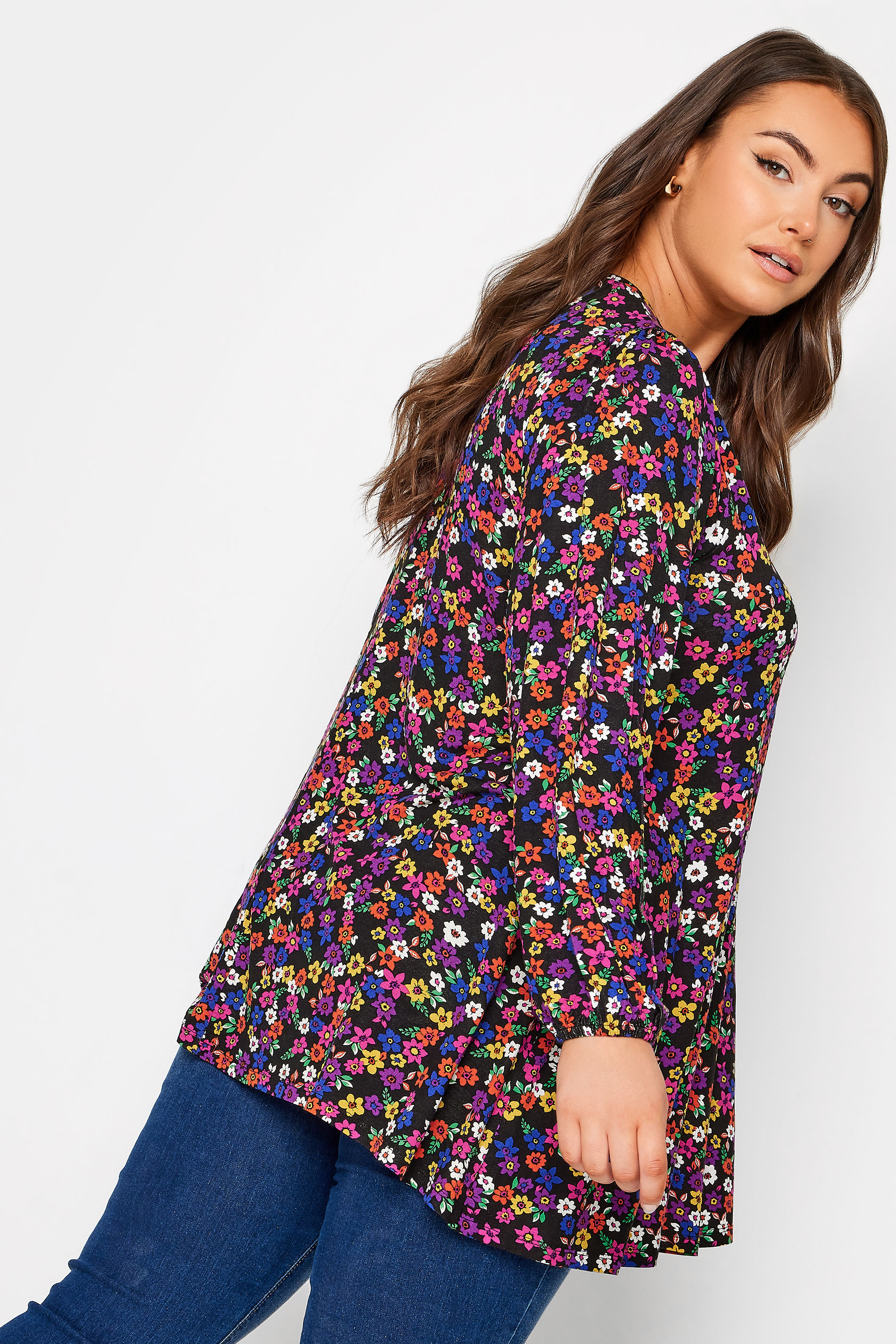 Plus Size Black Long Sleeve Ditsy Floral Print Swing Top | Yours Clothing 3