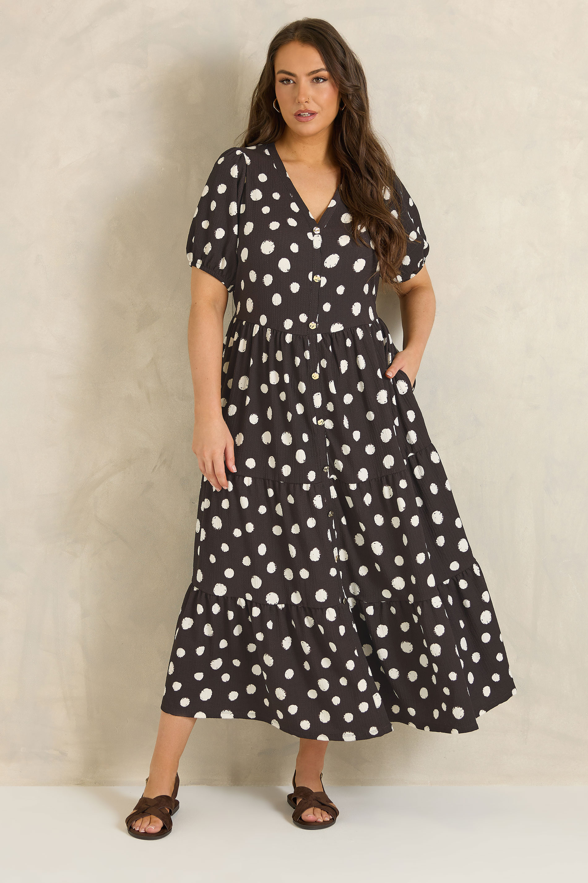 EVANS Plus Size Chocolate Brown Polka Dot Maxi Dress | Evans  1