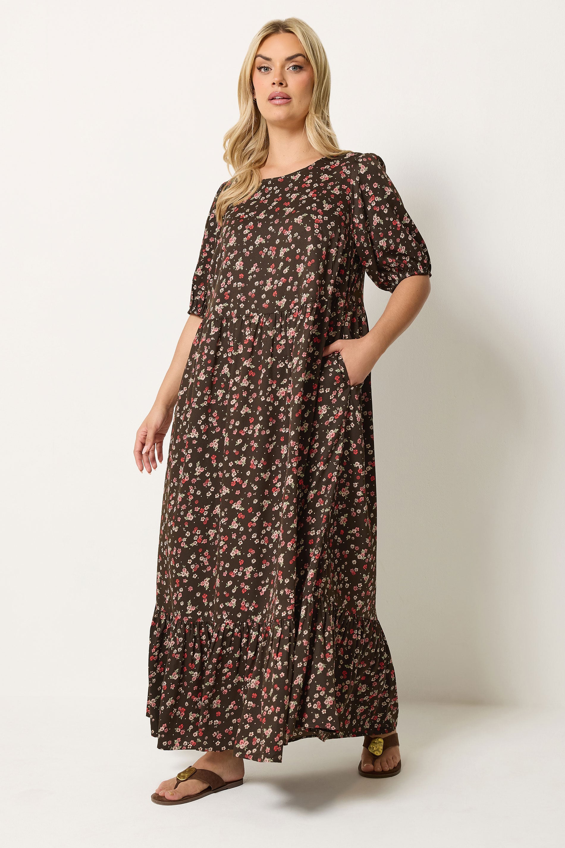 YOURS Plus Size Brown Ditsy Floral Smock Maxi Dress | Yours Clothing 1