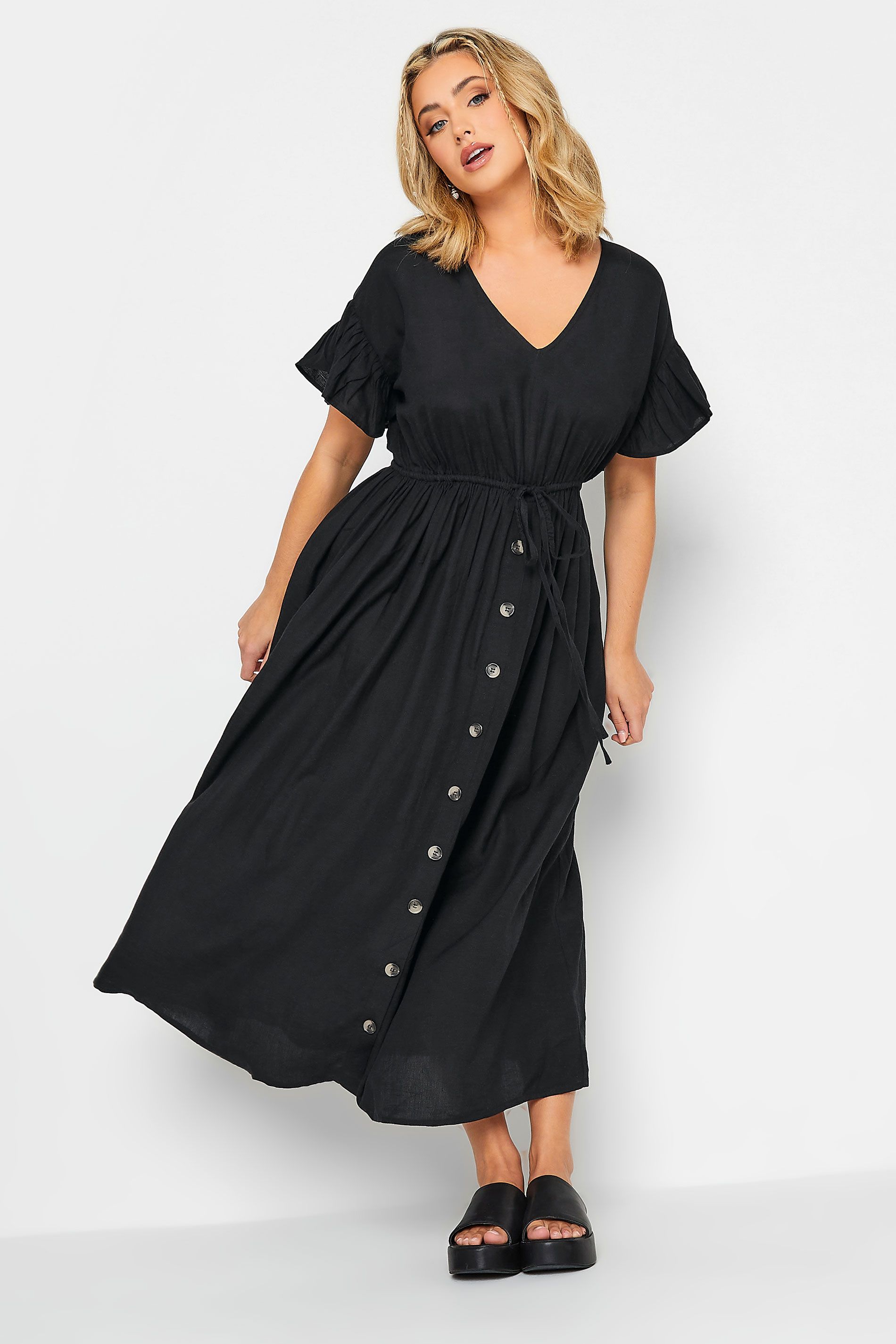 LIMITED COLLECTION Plus Size Black Frill Sleeve Linen Maxi Dress | Yours Clothing 1