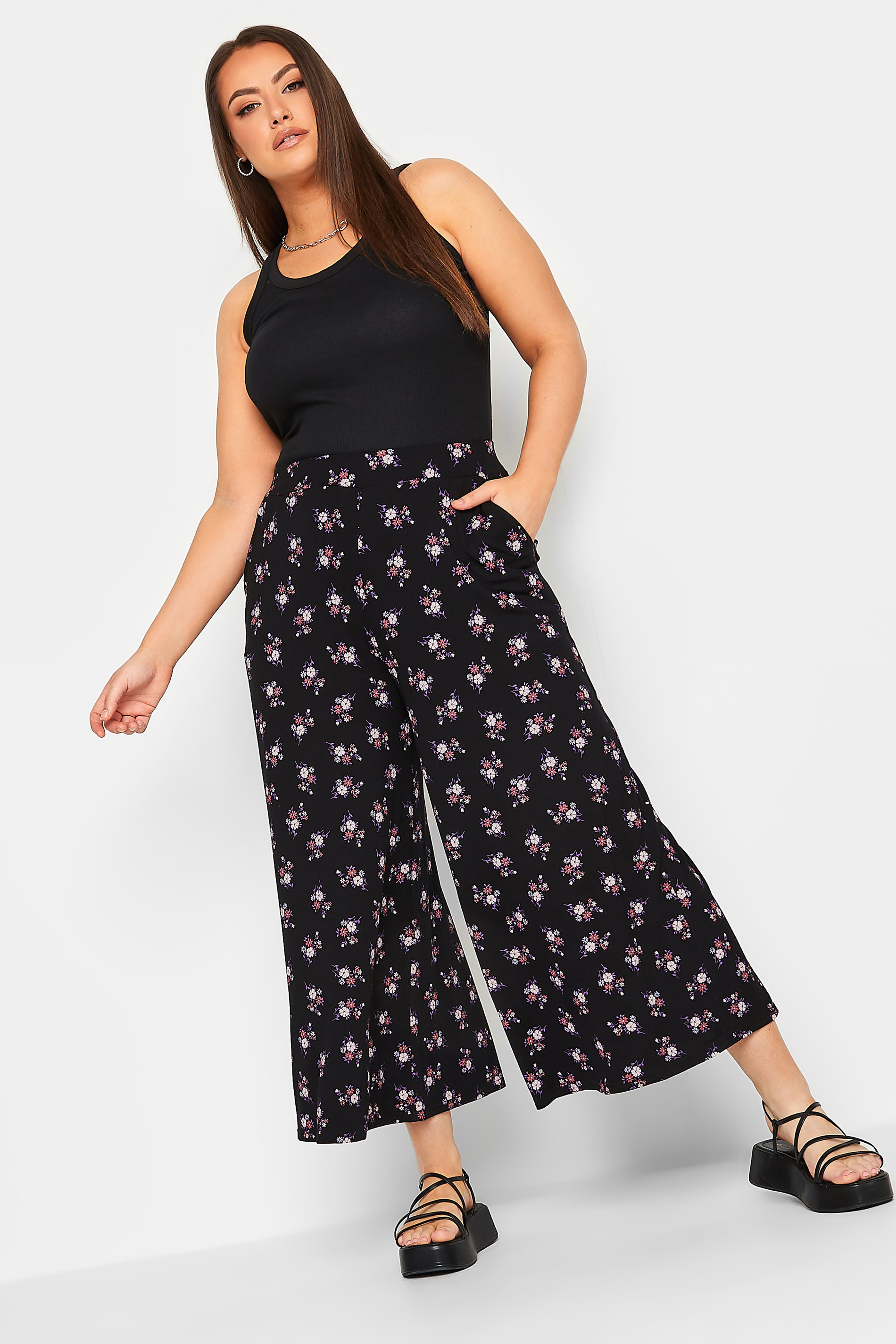 YOURS Curve Black & Pink Floral Midaxi Culottes | Yours Clothing 2