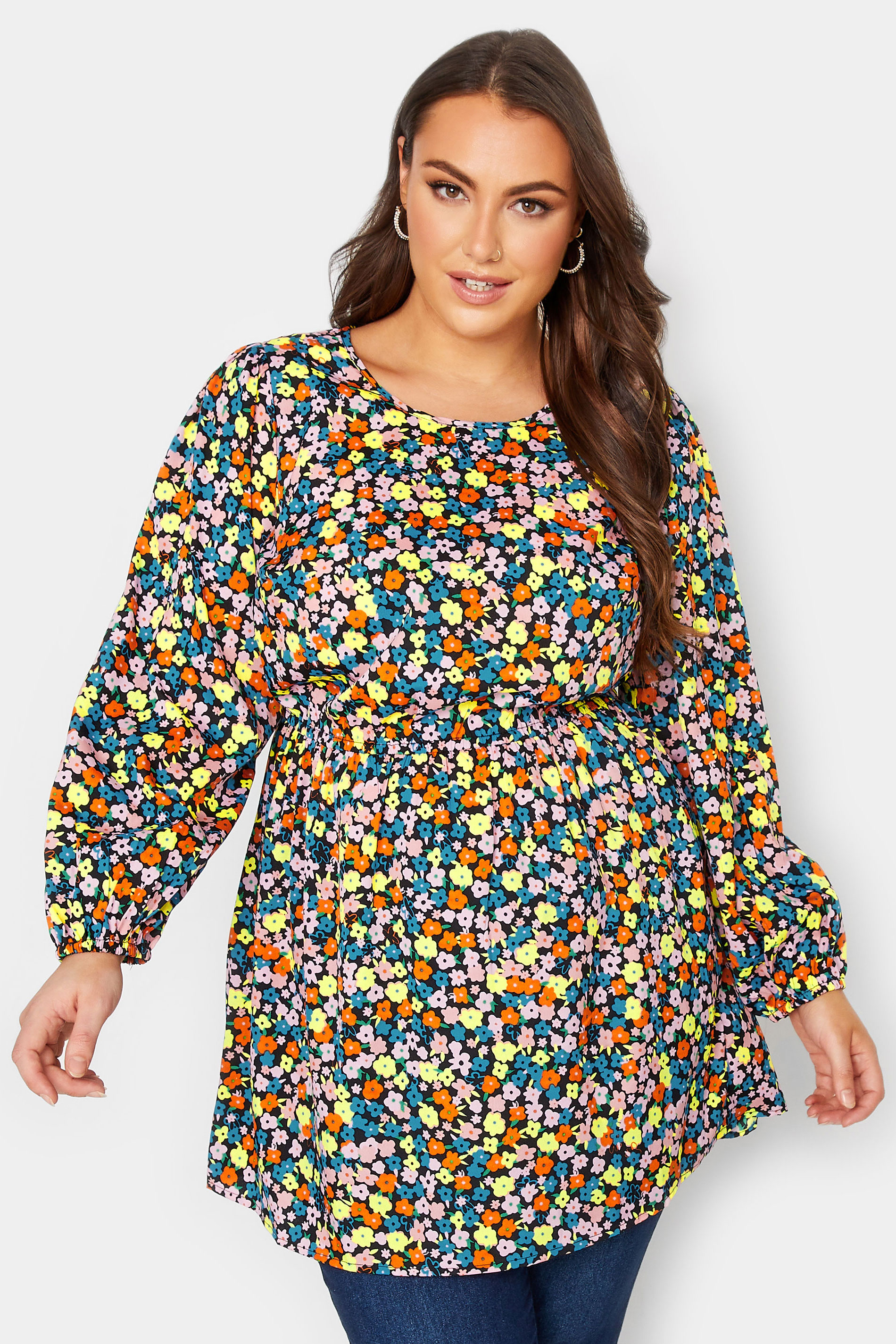 Curve Plus Size Blue & Orange Floral Balloon Sleeve Shirred Waist Peplum Top | Yours Clothing  1