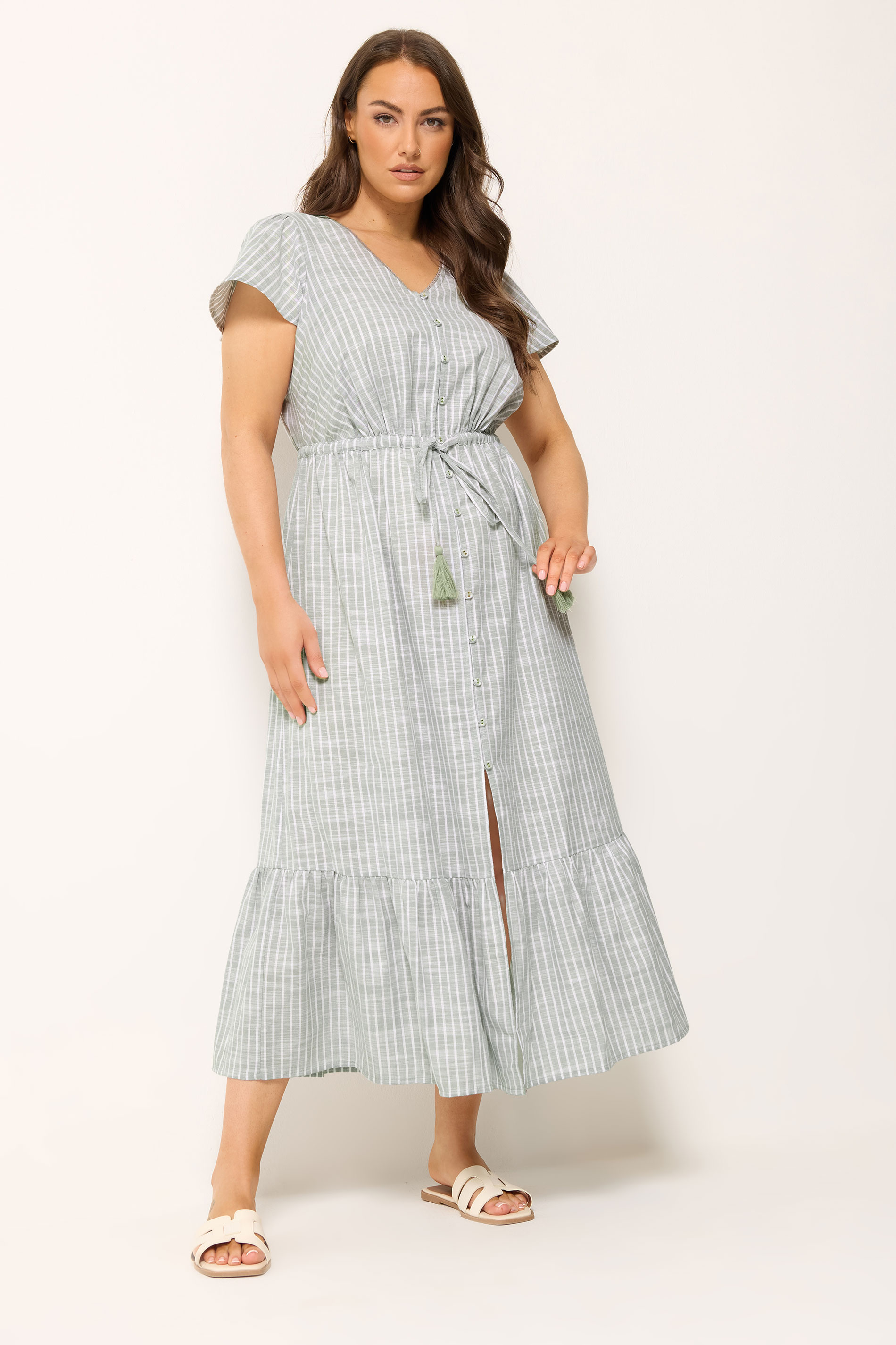 YOURS Plus Size Sage Green Stripe Angel Sleeve Dress | Yours Clothing 1