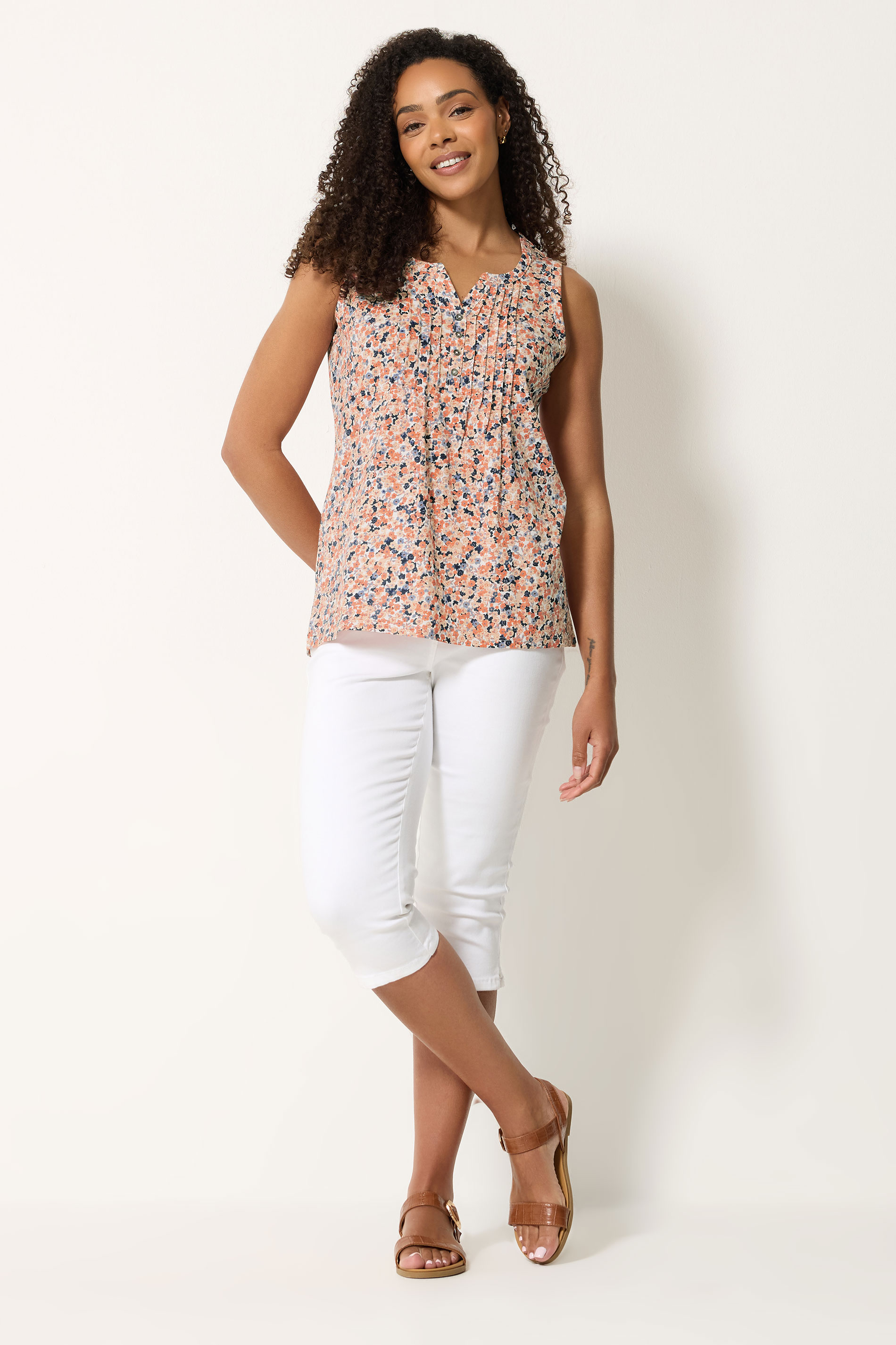 M&Co Orange Ditsy Floral Sleeveless Cotton Henley Top | M&Co 1