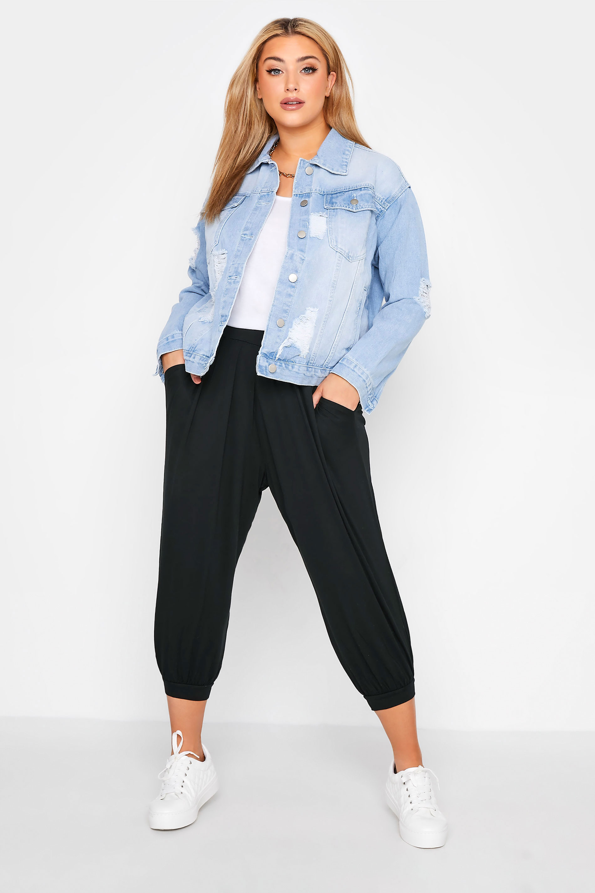 Plus Size Black Cropped Jersey Harem Joggers | Yours Clothing