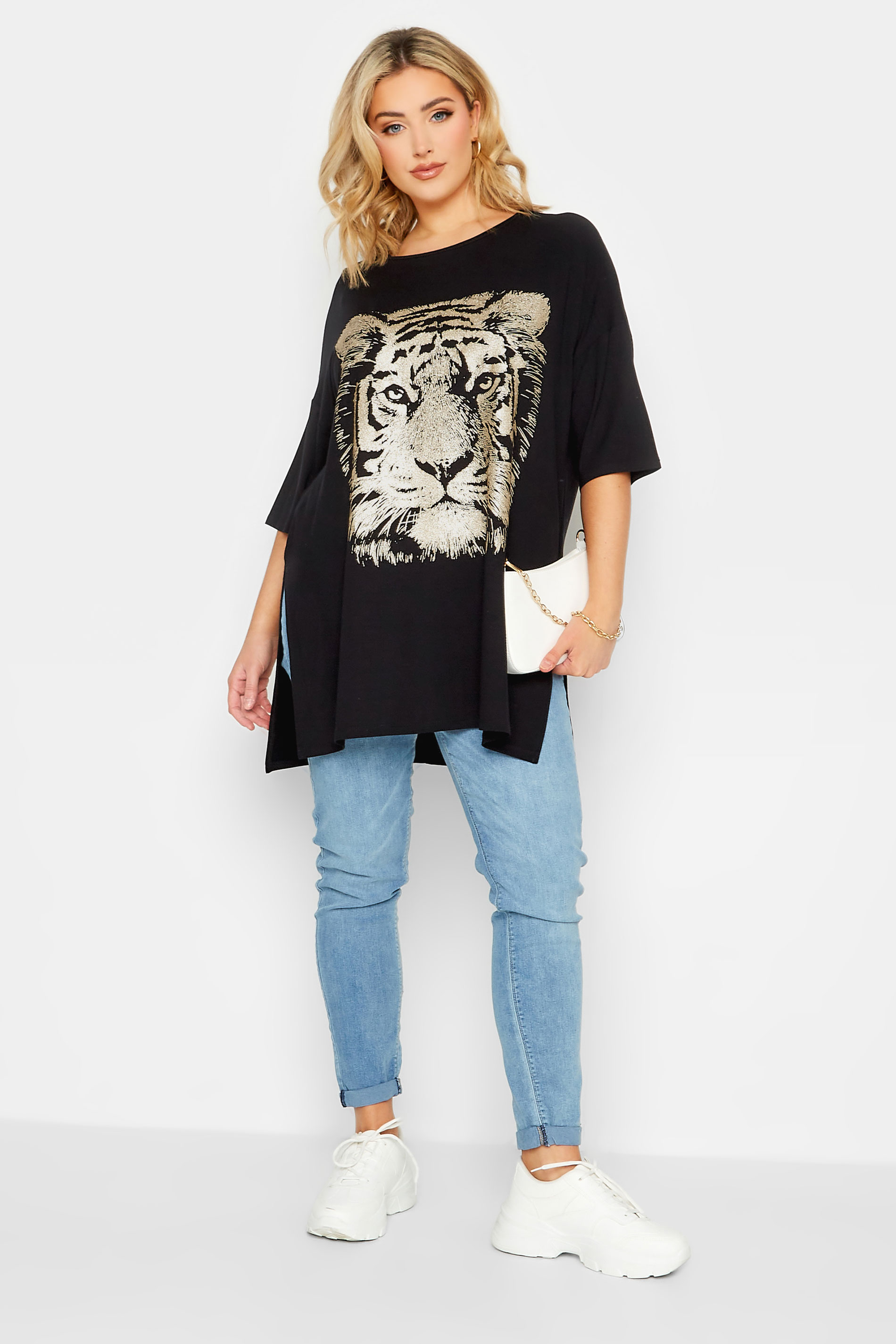 YOURS Plus Size Black & Gold Glitter Tiger Print Split Hem T-Shirt | Yours Clothing 2