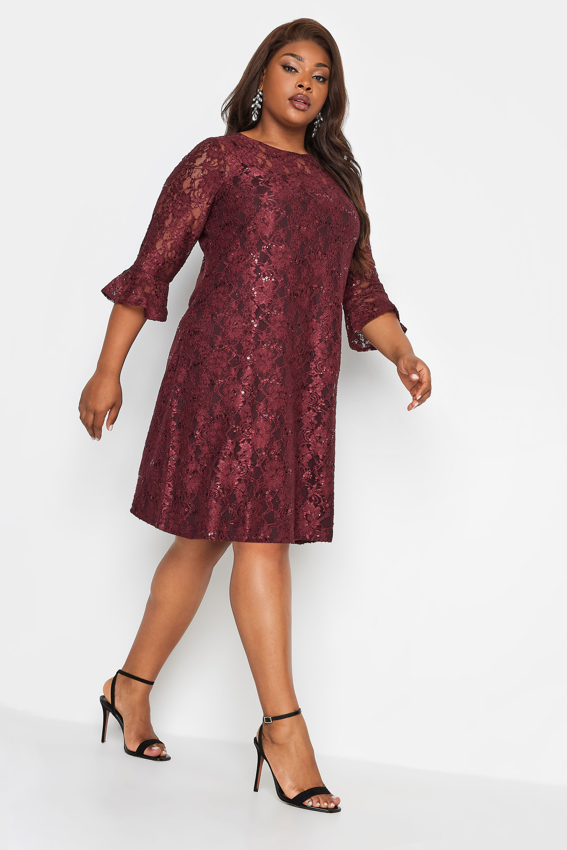 YOURS Plus Size Burgundy Red Lace Sequin Embellished Swing Dress | Yours Clothing 1